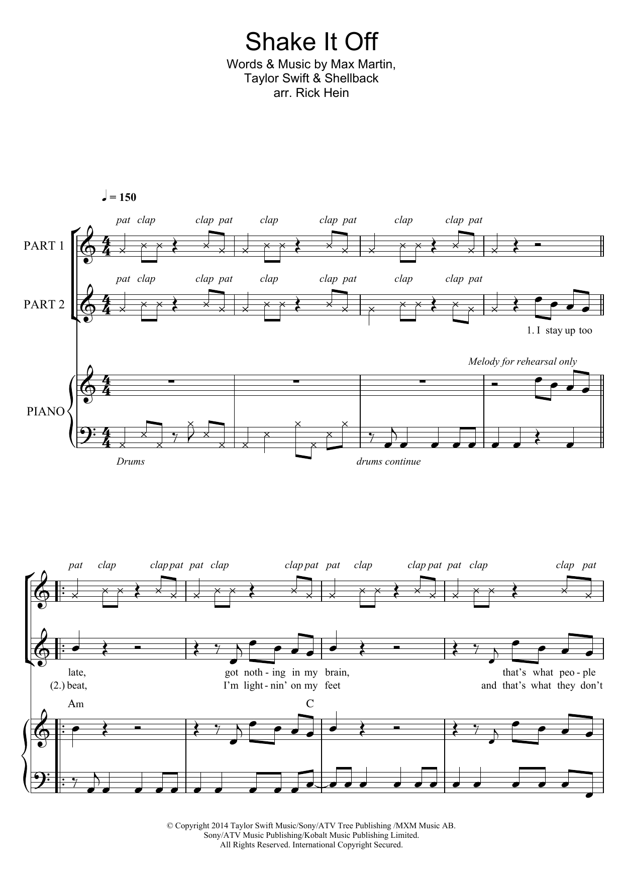 Download Taylor Swift Shake It Off (arr. Rick Hein) Sheet Music and learn how to play 2-Part Choir PDF digital score in minutes