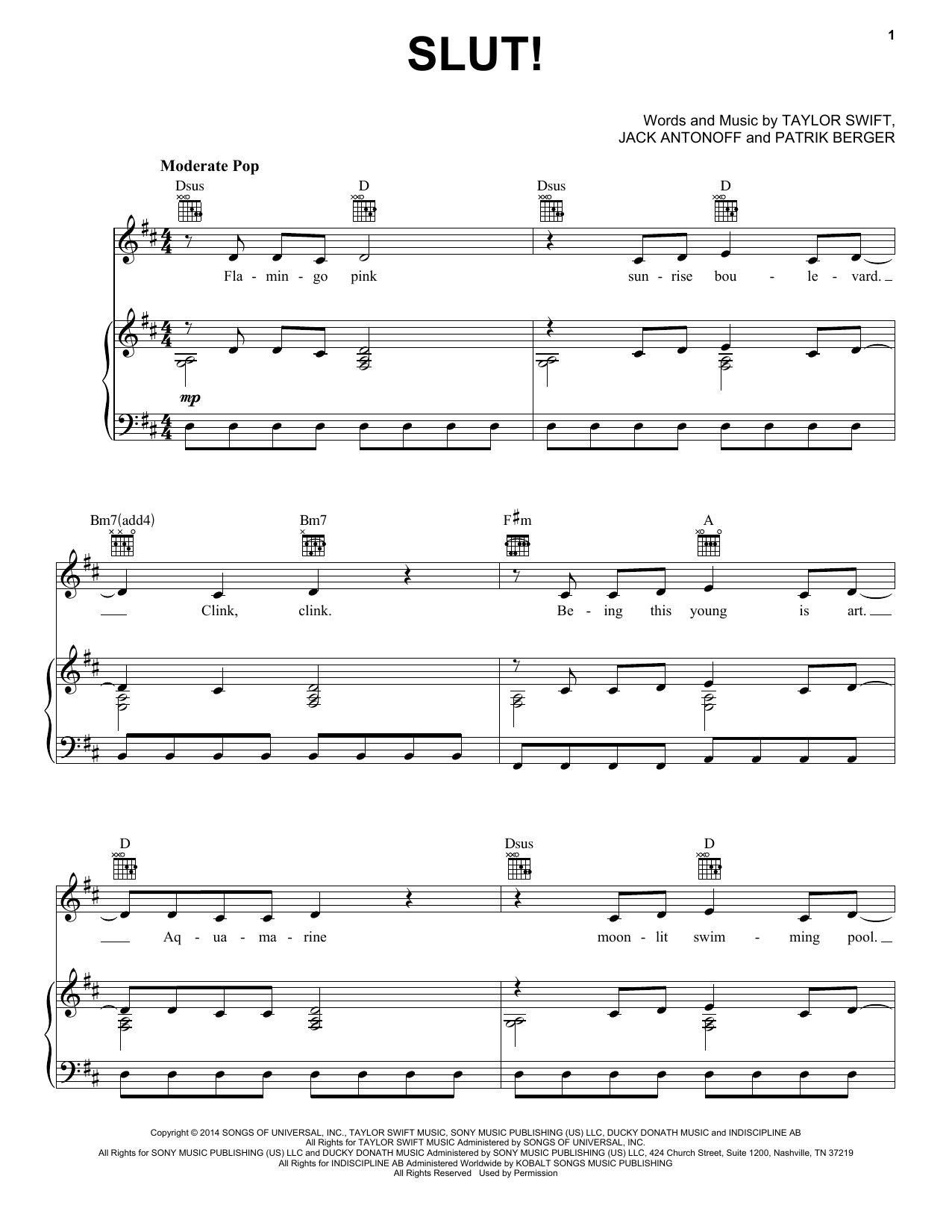 Download Taylor Swift Slut! (Taylor's Version) (From The Vault) Sheet Music and learn how to play Piano, Vocal & Guitar Chords (Right-Hand Melody) PDF digital score in minutes