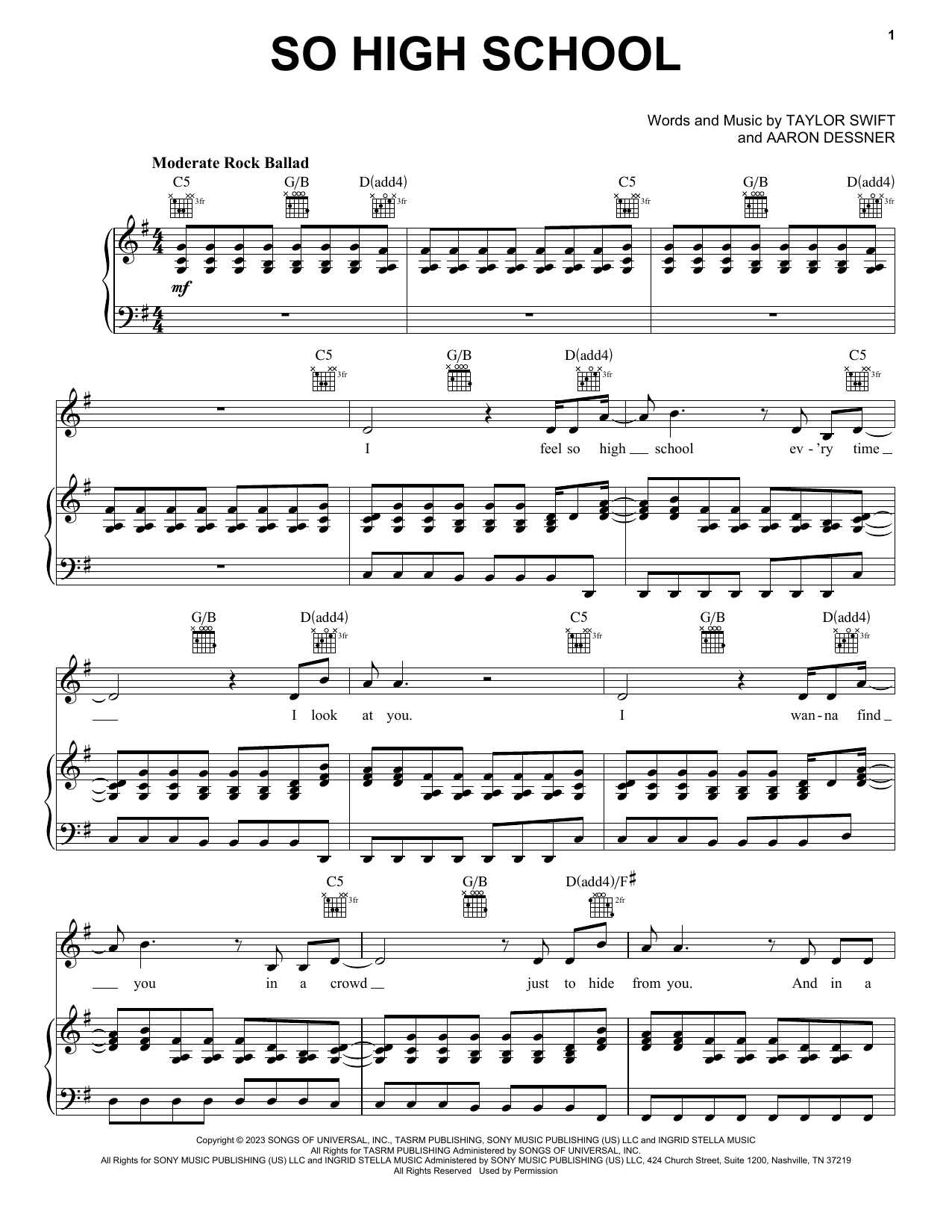 Download Taylor Swift So High School Sheet Music and learn how to play Piano, Vocal & Guitar Chords (Right-Hand Melody) PDF digital score in minutes