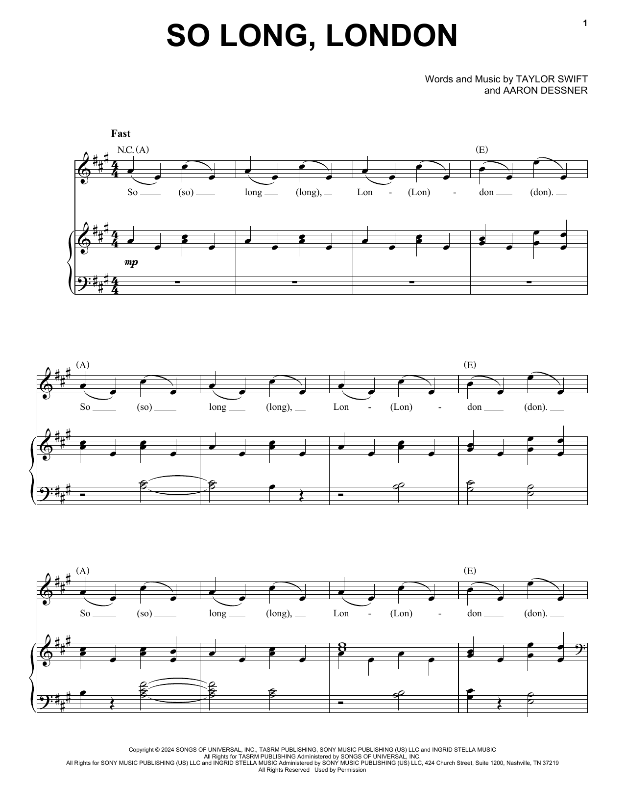 Download Taylor Swift So Long, London Sheet Music and learn how to play Piano, Vocal & Guitar Chords (Right-Hand Melody) PDF digital score in minutes