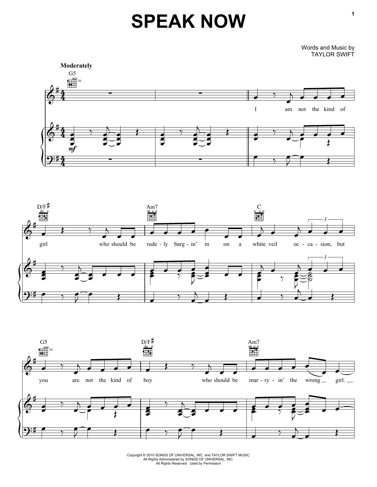 Download Taylor Swift Speak Now Sheet Music and learn how to play Piano PDF digital score in minutes