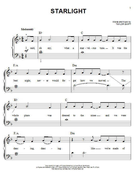 Download Taylor Swift Starlight Sheet Music and learn how to play 5-Finger Piano PDF digital score in minutes
