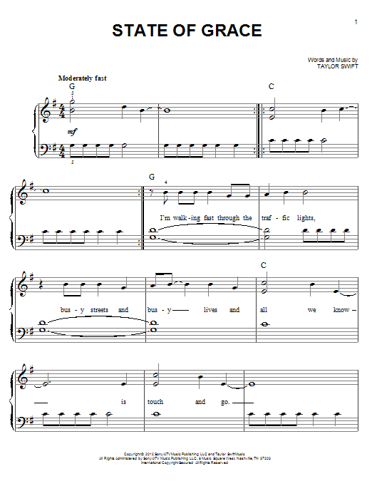 Download Taylor Swift State Of Grace Sheet Music and learn how to play Piano, Vocal & Guitar (Right-Hand Melody) PDF digital score in minutes