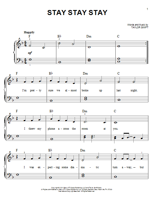 Download Taylor Swift Stay Stay Stay Sheet Music and learn how to play Piano (Big Notes) PDF digital score in minutes