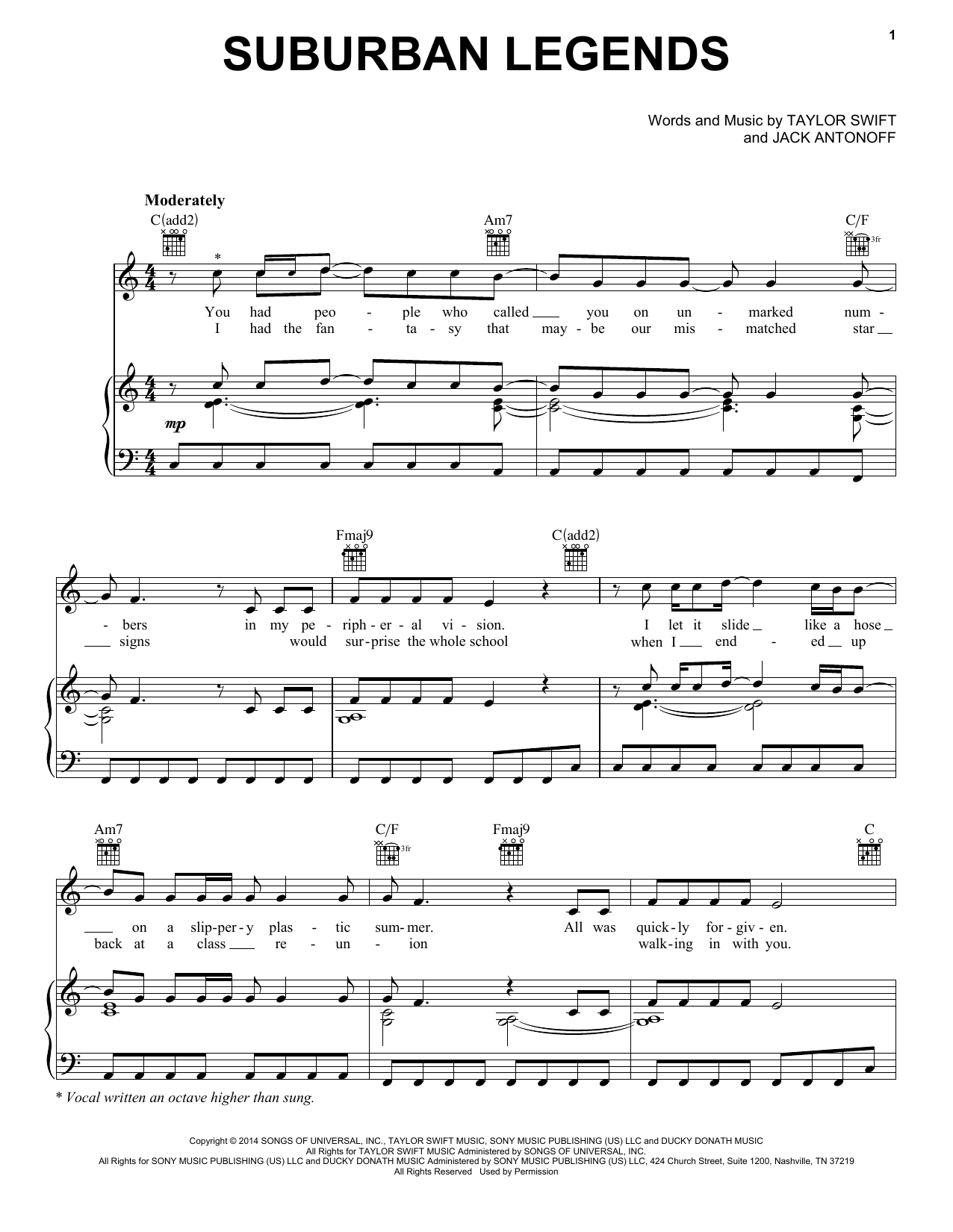 Download Taylor Swift Suburban Legends (Taylor's Version) (From The Vault) Sheet Music and learn how to play Piano, Vocal & Guitar Chords (Right-Hand Melody) PDF digital score in minutes