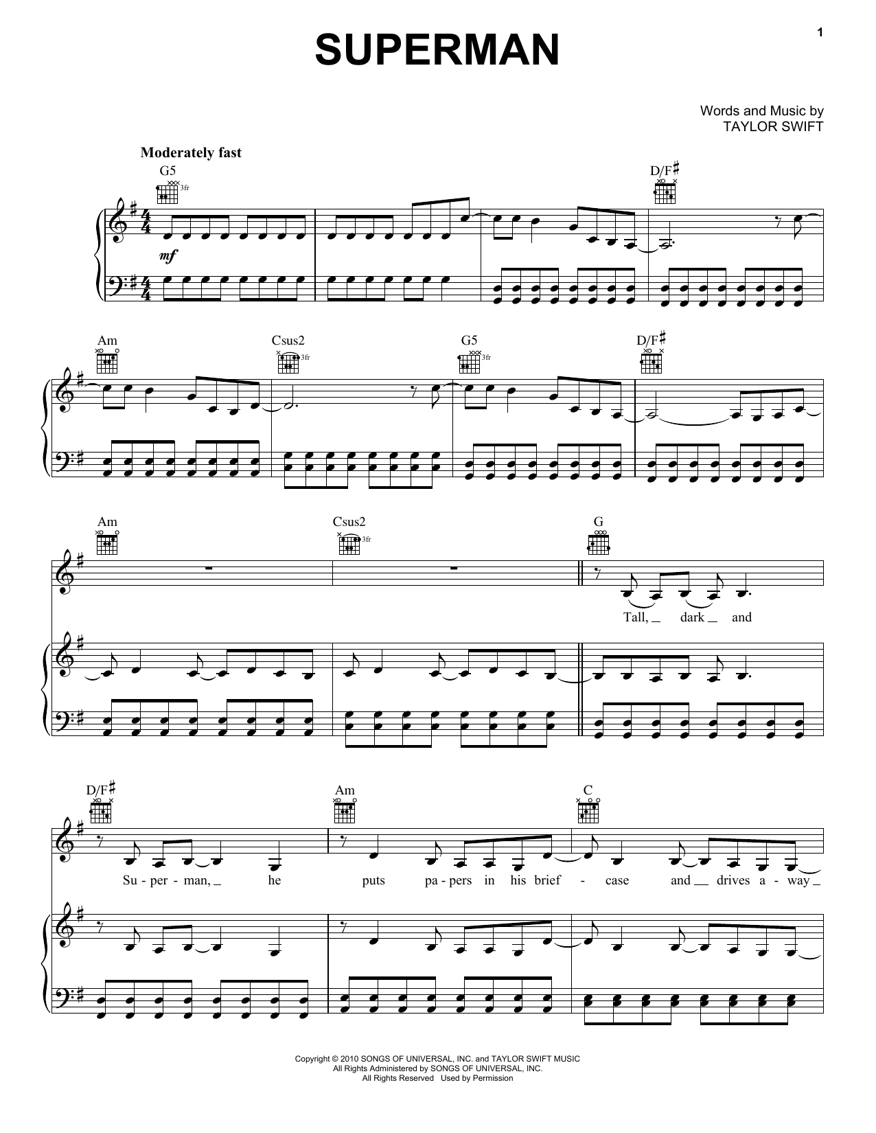 Download Taylor Swift Superman (Taylor's Version) Sheet Music and learn how to play Piano, Vocal & Guitar Chords (Right-Hand Melody) PDF digital score in minutes