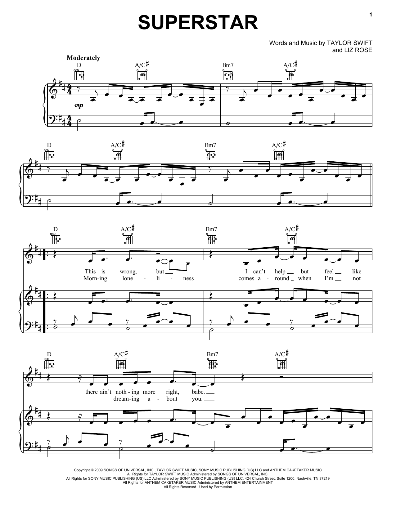 Download Taylor Swift Superstar (Taylor's Version) Sheet Music and learn how to play Piano, Vocal & Guitar Chords (Right-Hand Melody) PDF digital score in minutes
