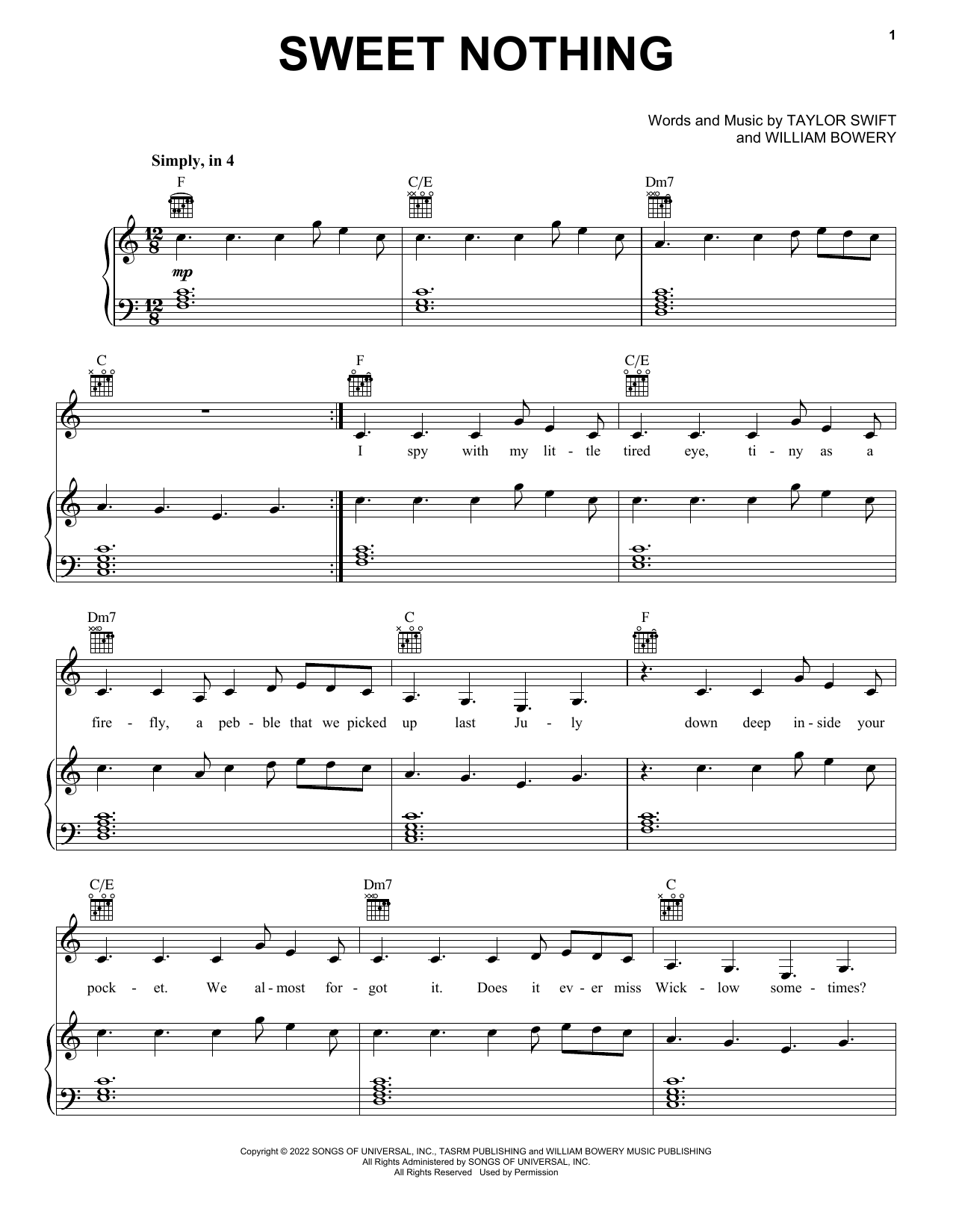 Download Taylor Swift Sweet Nothing Sheet Music and learn how to play Alto Sax Solo PDF digital score in minutes
