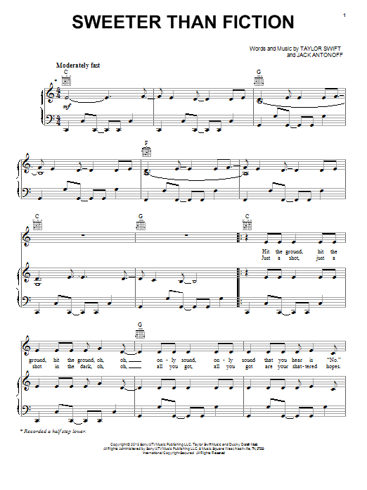 Download Taylor Swift Sweeter Than Fiction Sheet Music and learn how to play Piano, Vocal & Guitar (Right-Hand Melody) PDF digital score in minutes