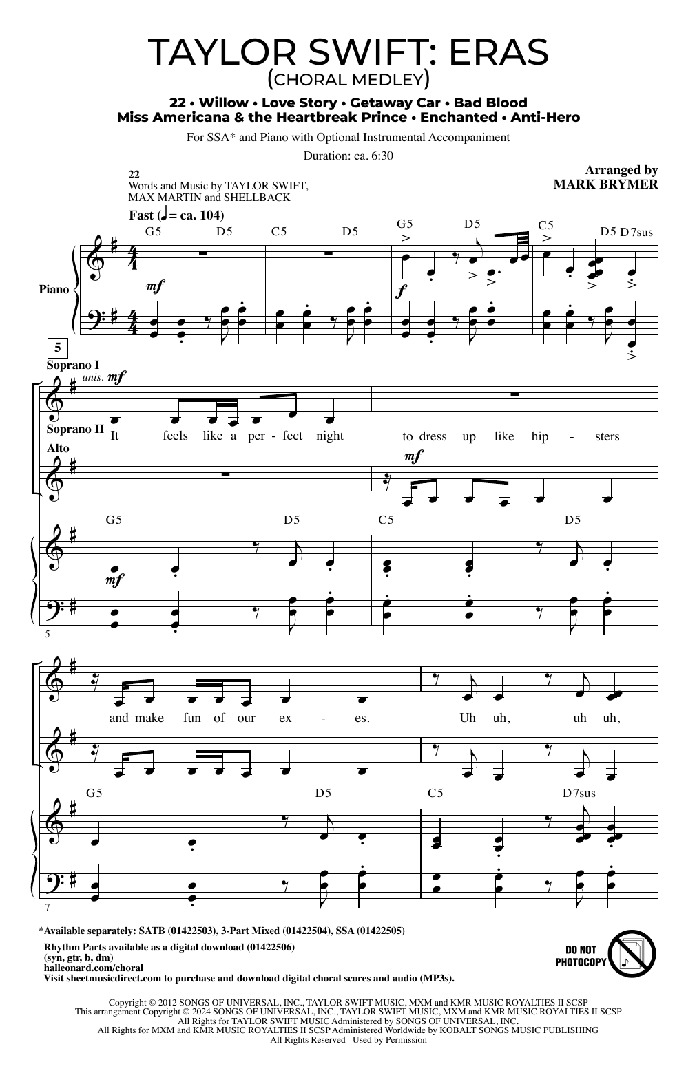 Download Taylor Swift Taylor Swift: Eras (Choral Medley) (arr. Mark Brymer) Sheet Music and learn how to play SSA Choir PDF digital score in minutes