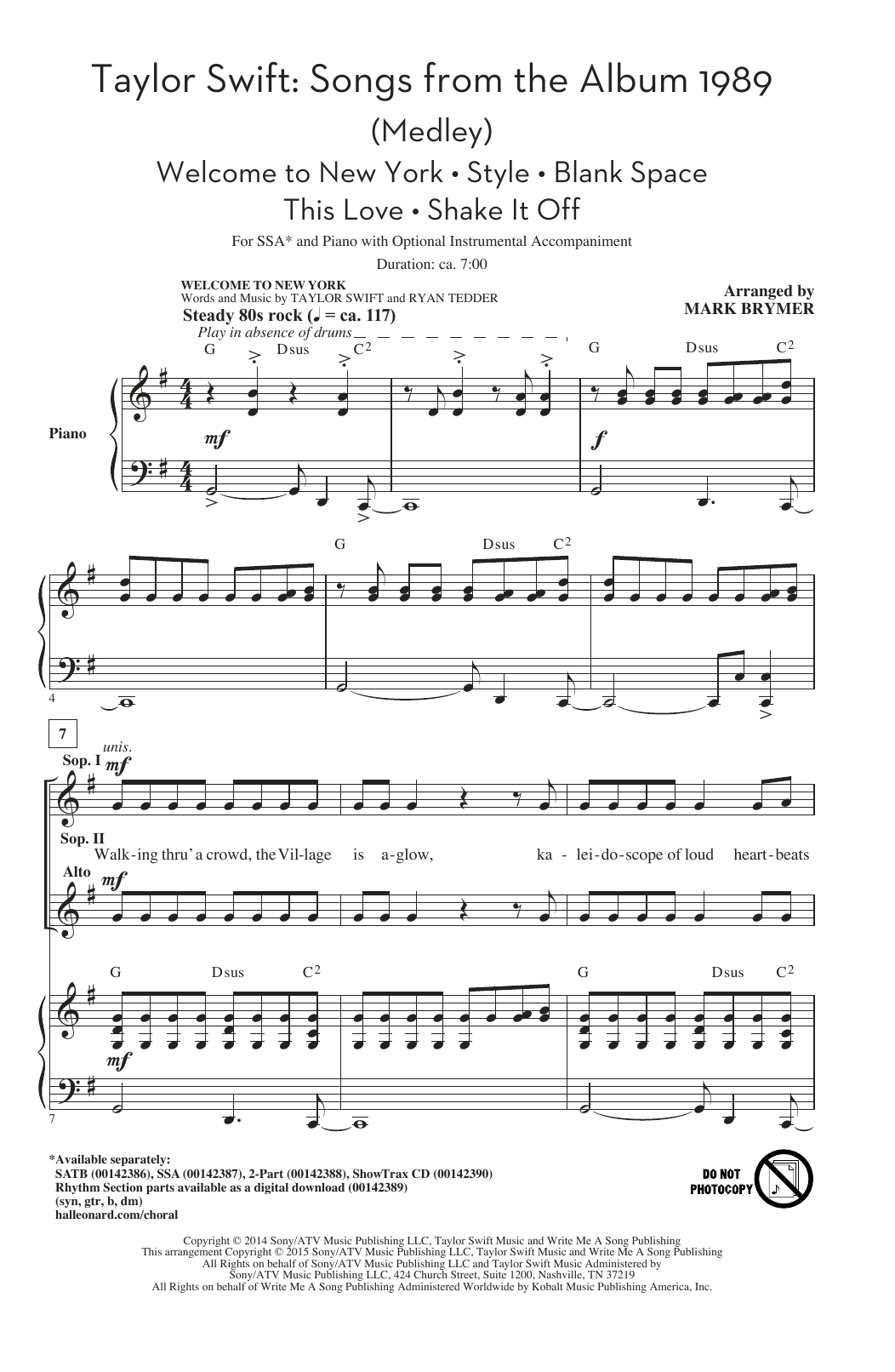 Download Taylor Swift Songs from the Album 1989 (Medley) (arr. Mark Brymer) Sheet Music and learn how to play SSA PDF digital score in minutes