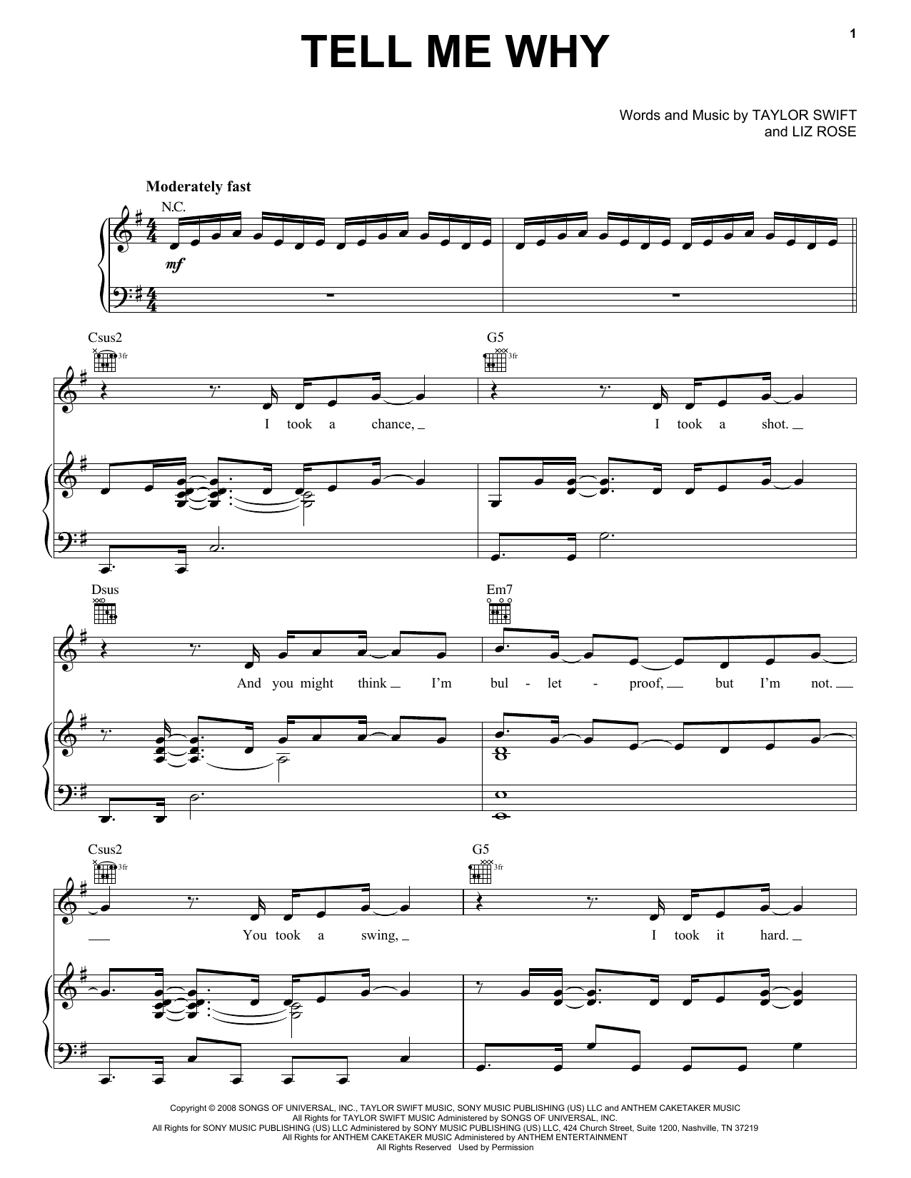 Download Taylor Swift Tell Me Why Sheet Music and learn how to play Piano, Vocal & Guitar (Right-Hand Melody) PDF digital score in minutes