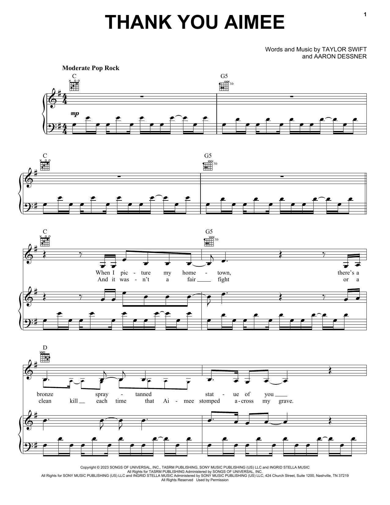 Download Taylor Swift thanK you aIMee Sheet Music and learn how to play Piano, Vocal & Guitar Chords (Right-Hand Melody) PDF digital score in minutes