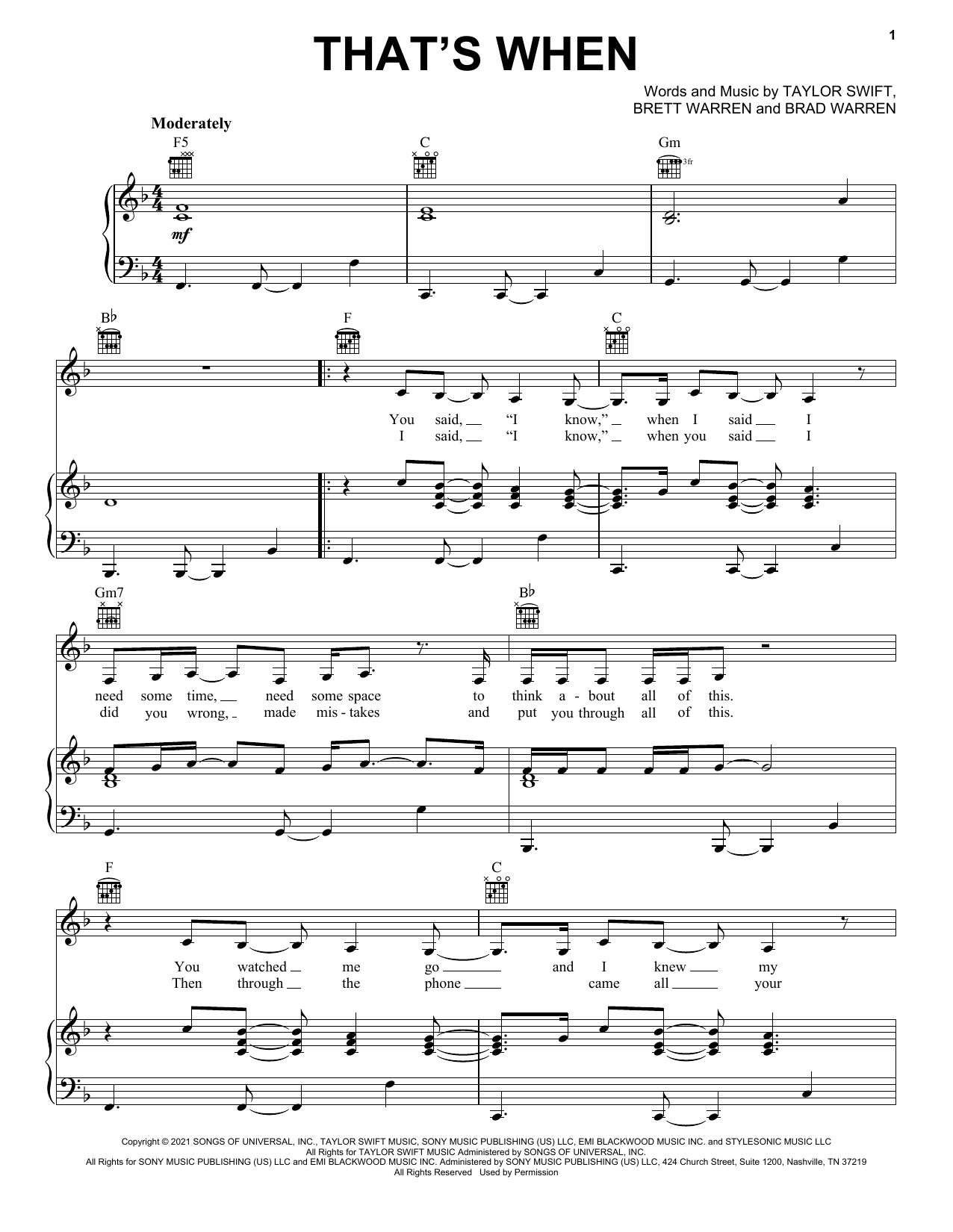 Download Taylor Swift That's When (feat. Keith Urban) (Taylor's Version) (From The Vault) Sheet Music and learn how to play Piano, Vocal & Guitar Chords (Right-Hand Melody) PDF digital score in minutes