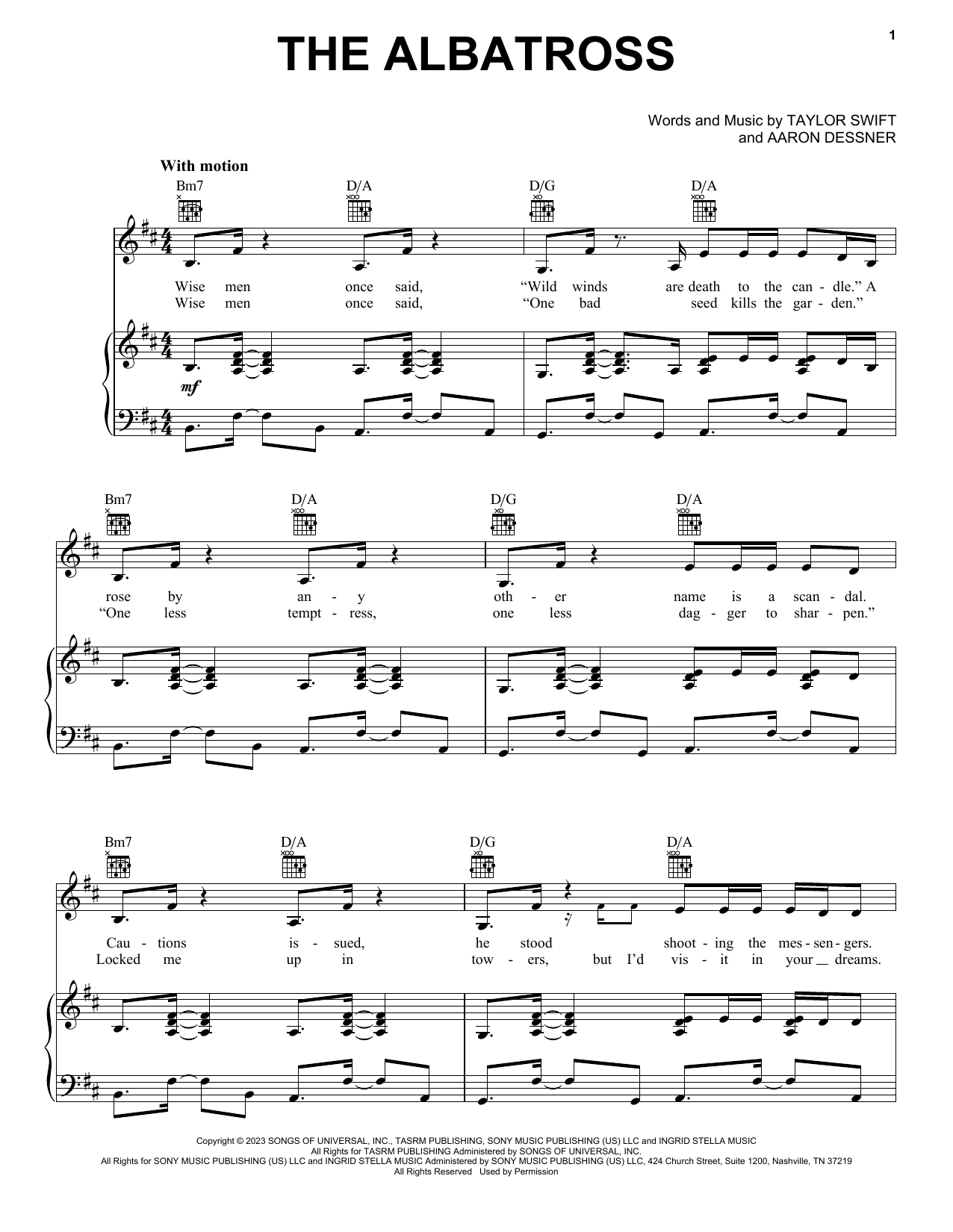 Download Taylor Swift The Albatross Sheet Music and learn how to play Piano, Vocal & Guitar Chords (Right-Hand Melody) PDF digital score in minutes