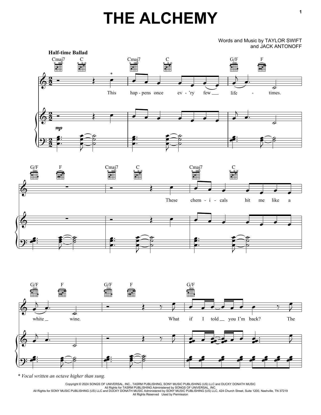 Download Taylor Swift The Alchemy Sheet Music and learn how to play Piano, Vocal & Guitar Chords (Right-Hand Melody) PDF digital score in minutes