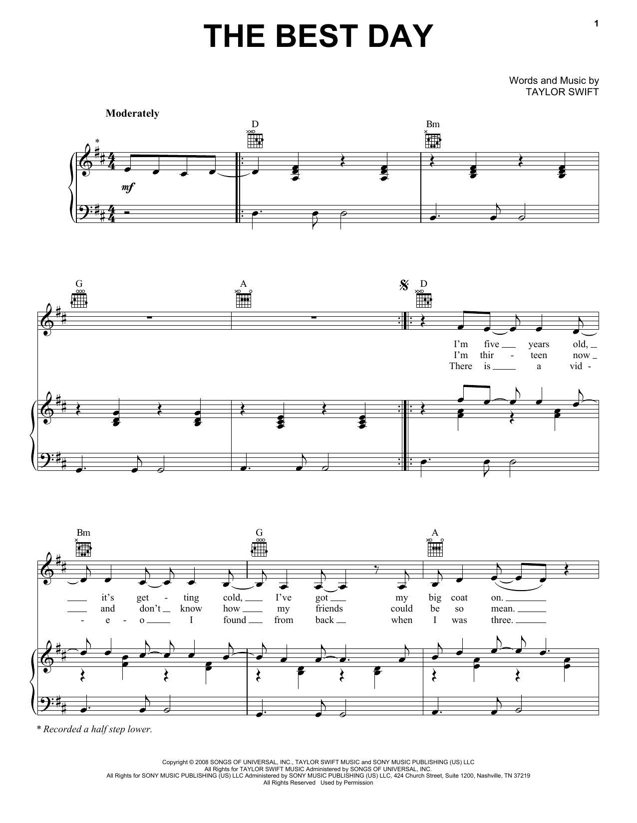 Download Taylor Swift The Best Day Sheet Music and learn how to play Lyrics & Chords PDF digital score in minutes