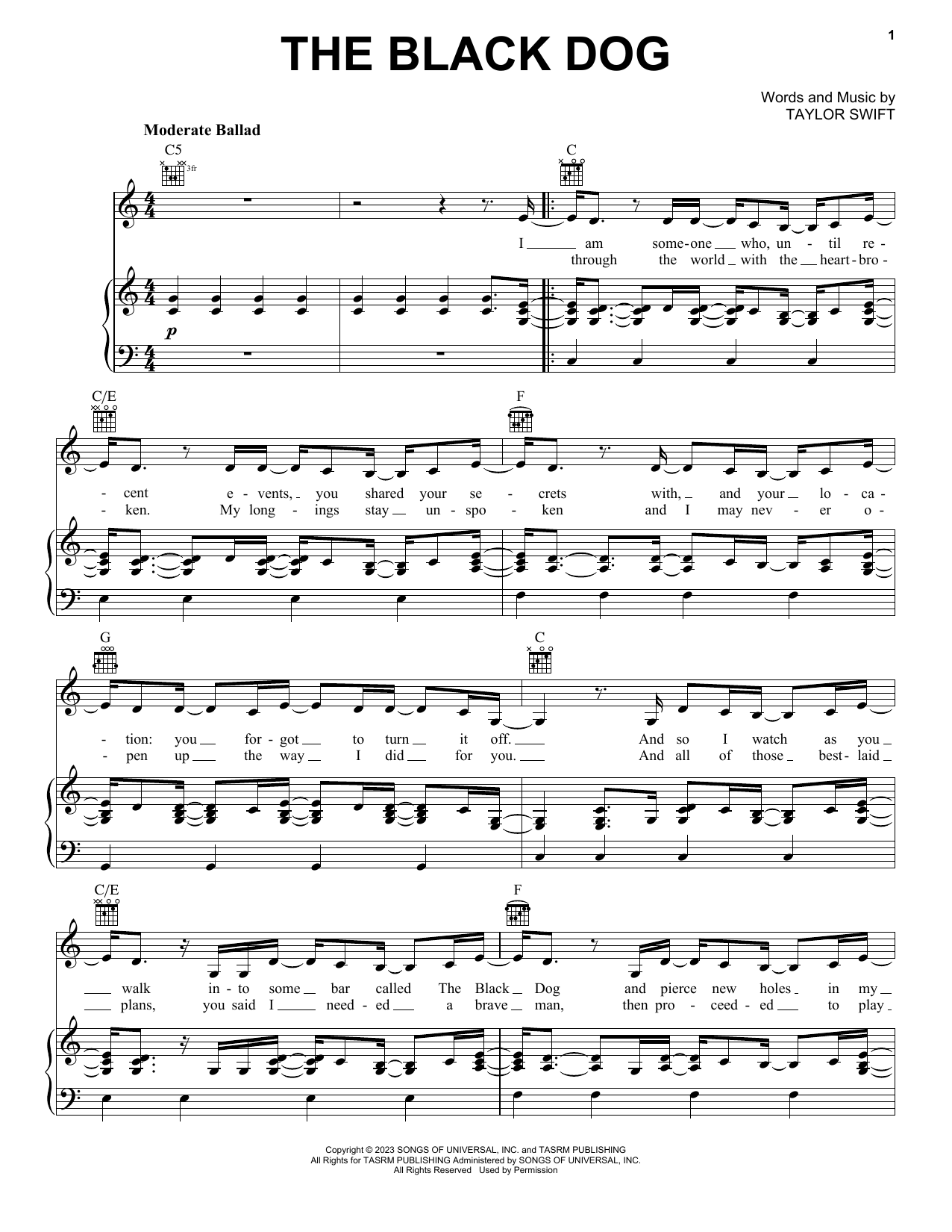 Download Taylor Swift The Black Dog Sheet Music and learn how to play Piano, Vocal & Guitar Chords (Right-Hand Melody) PDF digital score in minutes