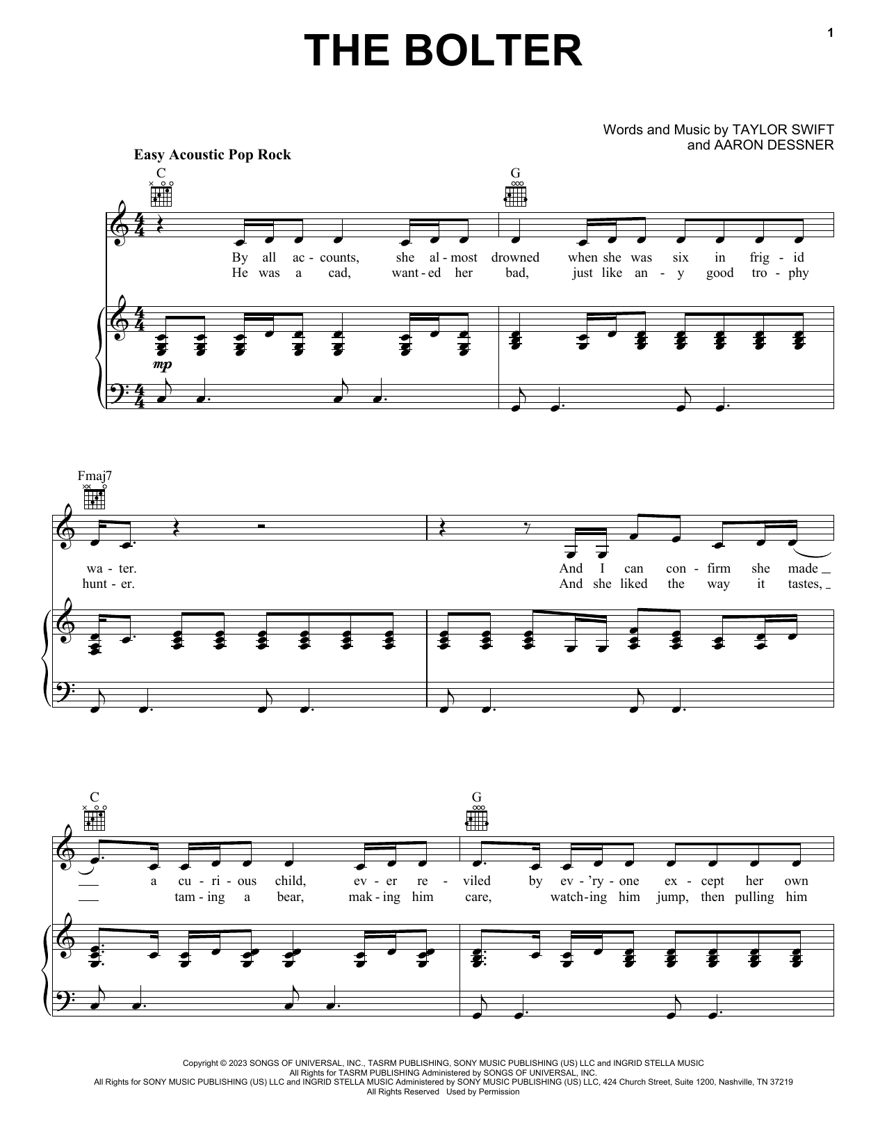 Download Taylor Swift The Bolter Sheet Music and learn how to play Piano, Vocal & Guitar Chords (Right-Hand Melody) PDF digital score in minutes