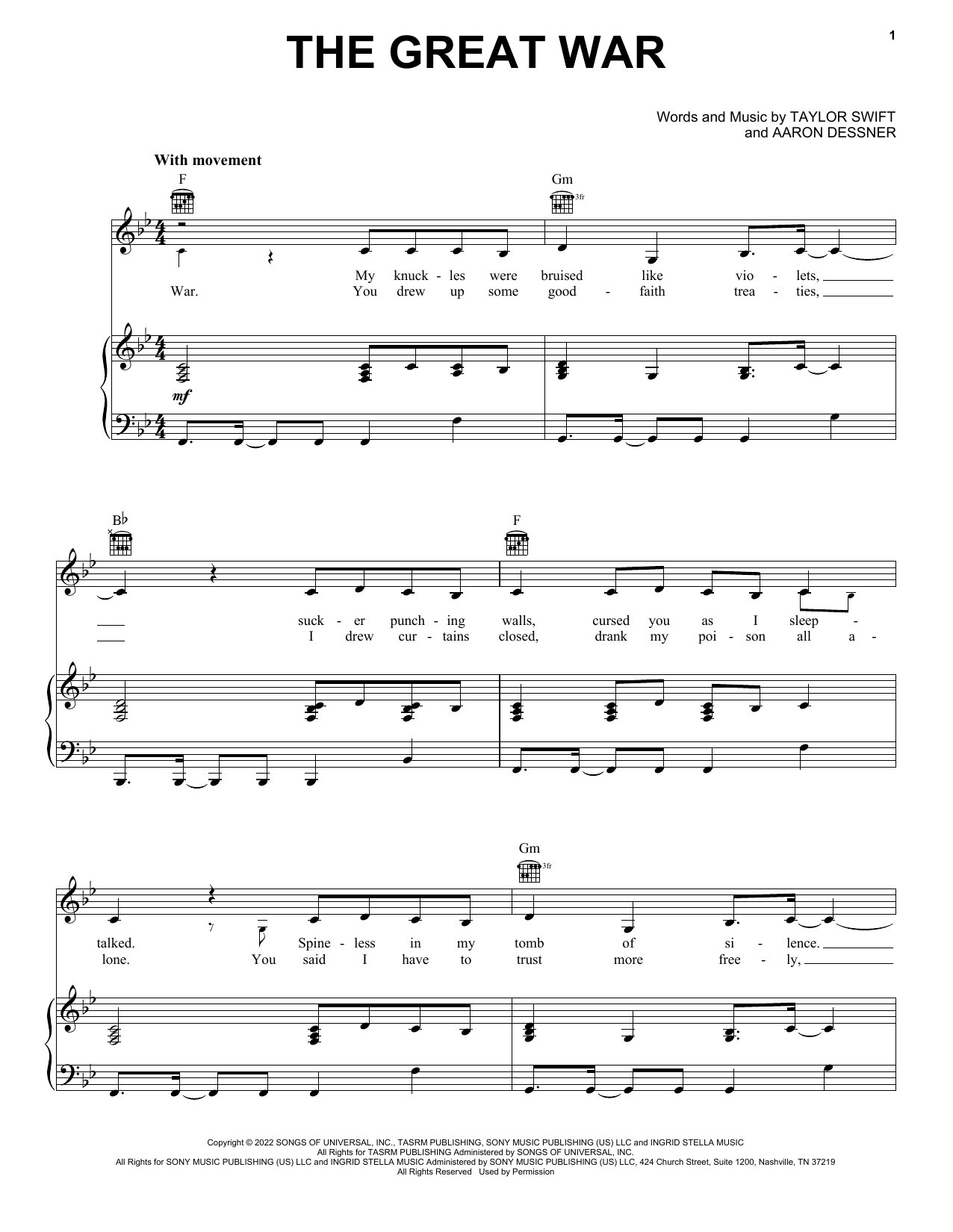 Download Taylor Swift The Great War Sheet Music and learn how to play Piano, Vocal & Guitar Chords (Right-Hand Melody) PDF digital score in minutes