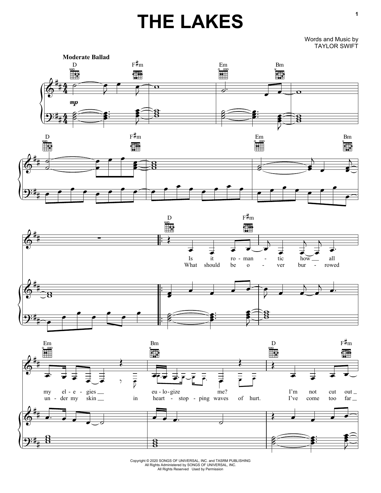 Download Taylor Swift the lakes Sheet Music and learn how to play Easy Piano PDF digital score in minutes