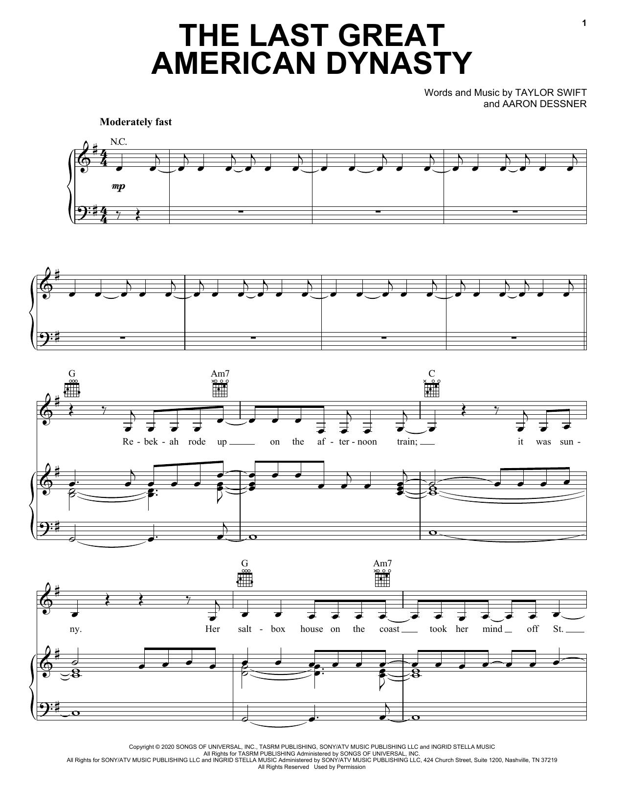 Download Taylor Swift the last great american dynasty Sheet Music and learn how to play Easy Piano PDF digital score in minutes