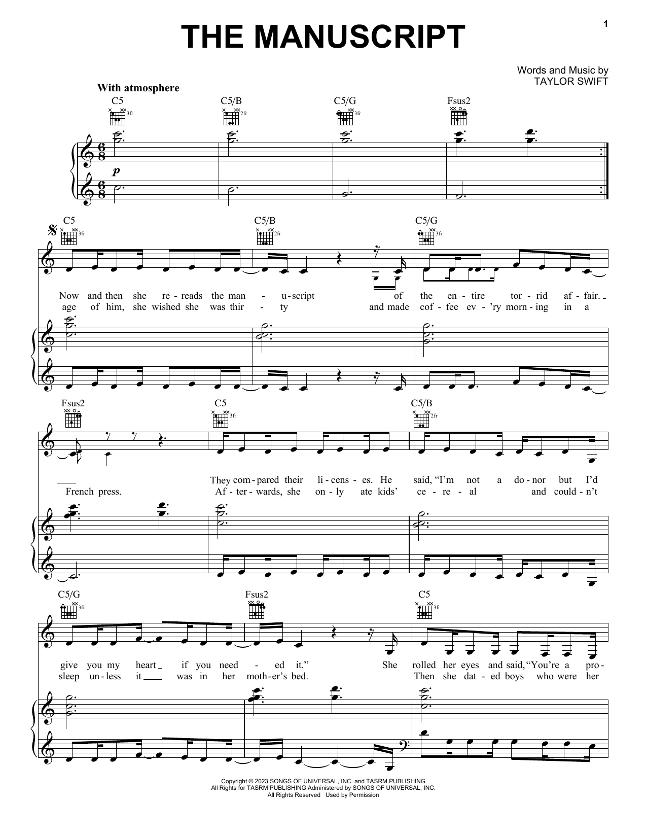 Download Taylor Swift The Manuscript Sheet Music and learn how to play Piano, Vocal & Guitar Chords (Right-Hand Melody) PDF digital score in minutes