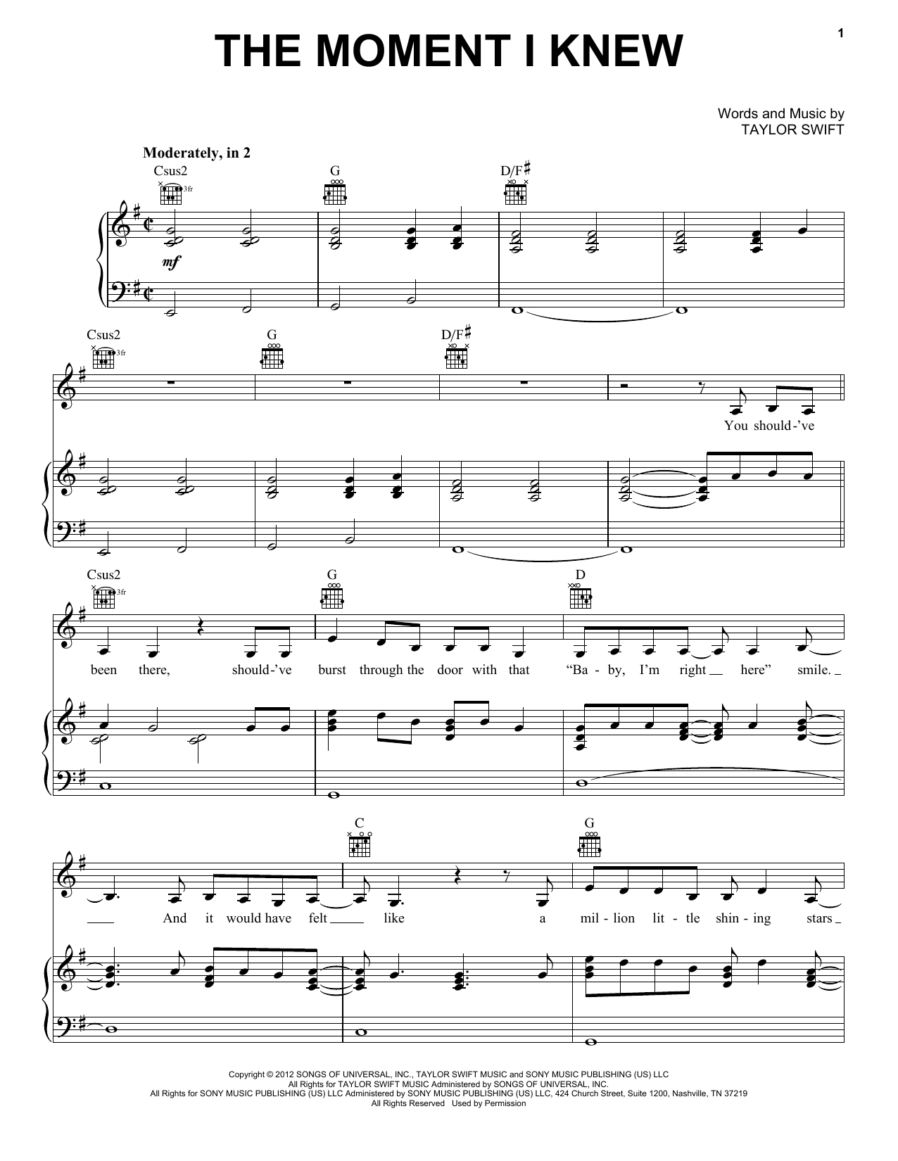 Download Taylor Swift The Moment I Knew (Taylor's Version) Sheet Music and learn how to play Piano, Vocal & Guitar Chords (Right-Hand Melody) PDF digital score in minutes