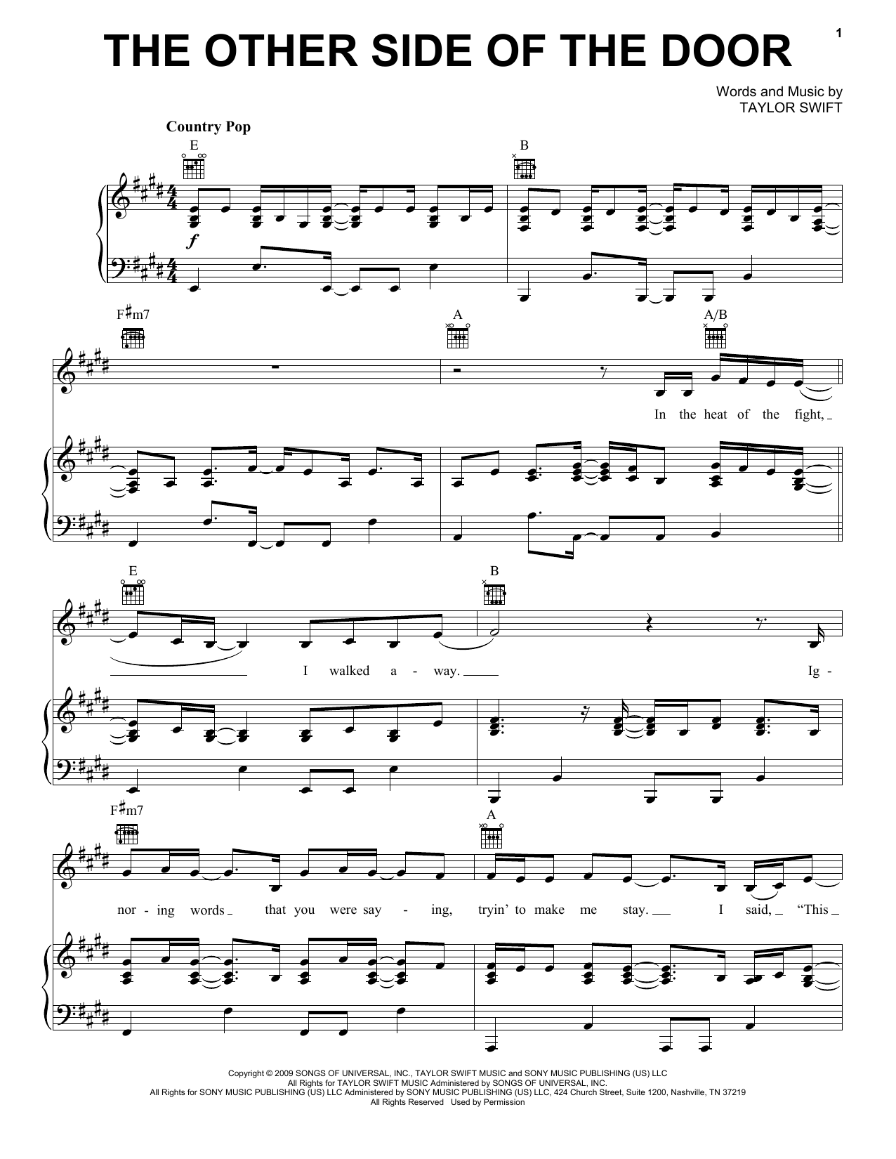 Download Taylor Swift The Other Side Of The Door (Taylor's Version) Sheet Music and learn how to play Piano, Vocal & Guitar Chords (Right-Hand Melody) PDF digital score in minutes