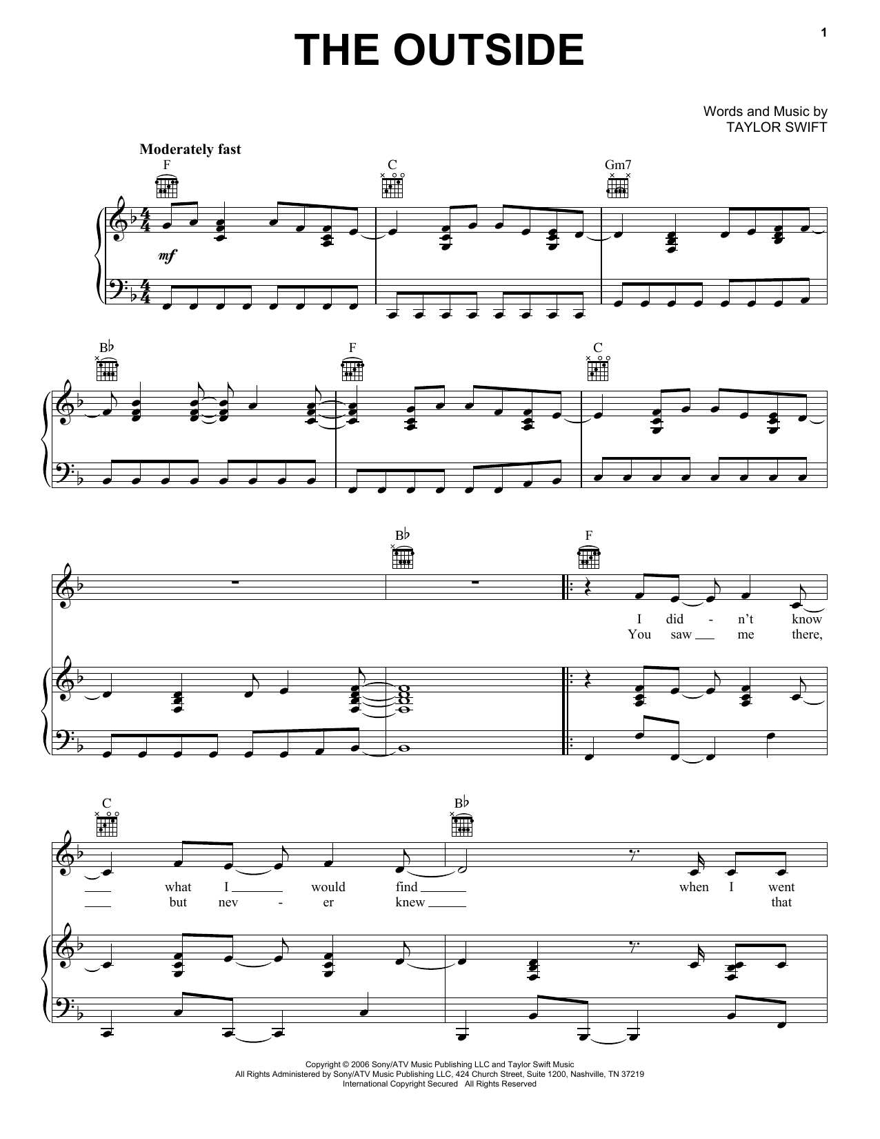 Download Taylor Swift The Outside Sheet Music and learn how to play Piano, Vocal & Guitar (Right-Hand Melody) PDF digital score in minutes