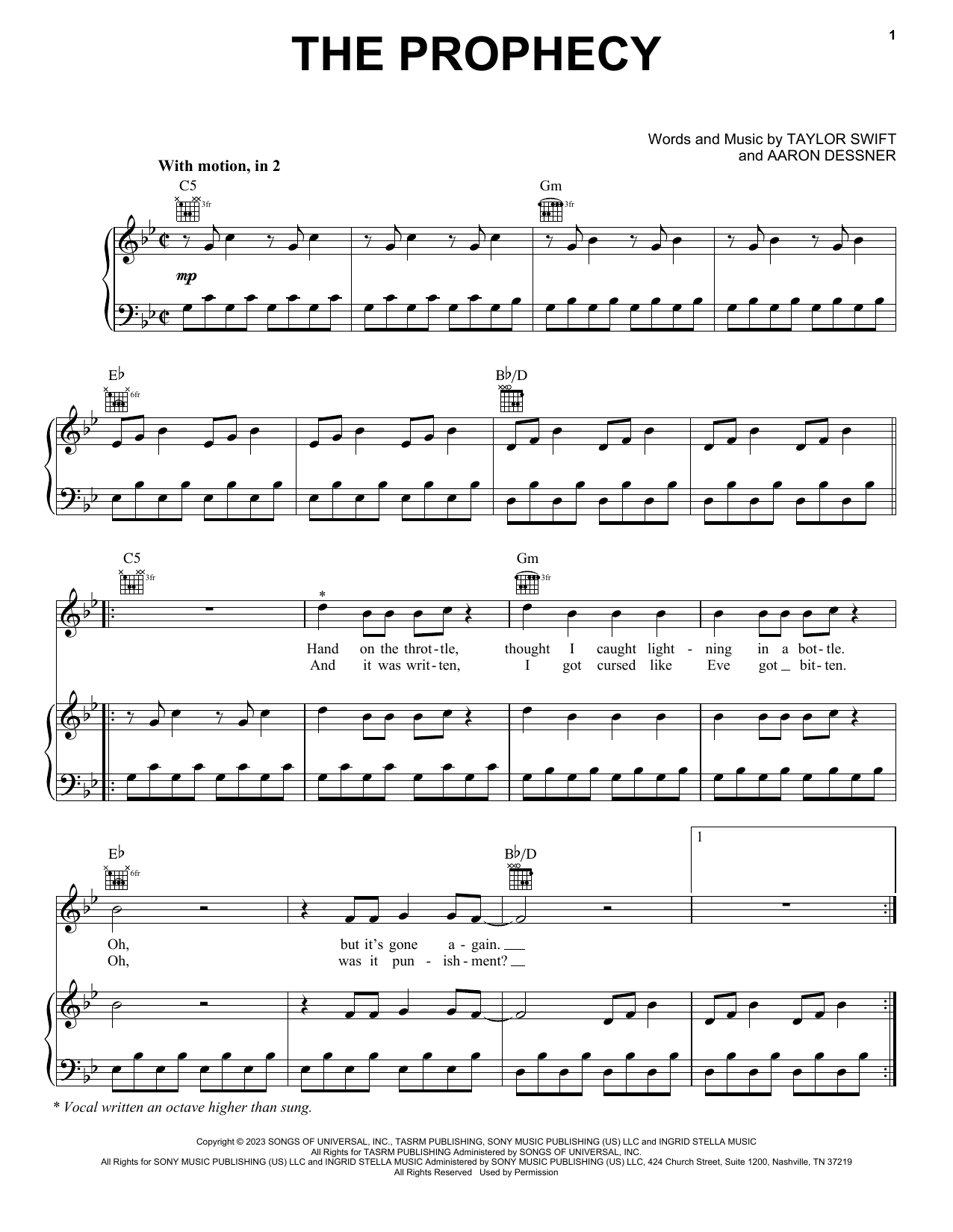 Download Taylor Swift The Prophecy Sheet Music and learn how to play Piano, Vocal & Guitar Chords (Right-Hand Melody) PDF digital score in minutes