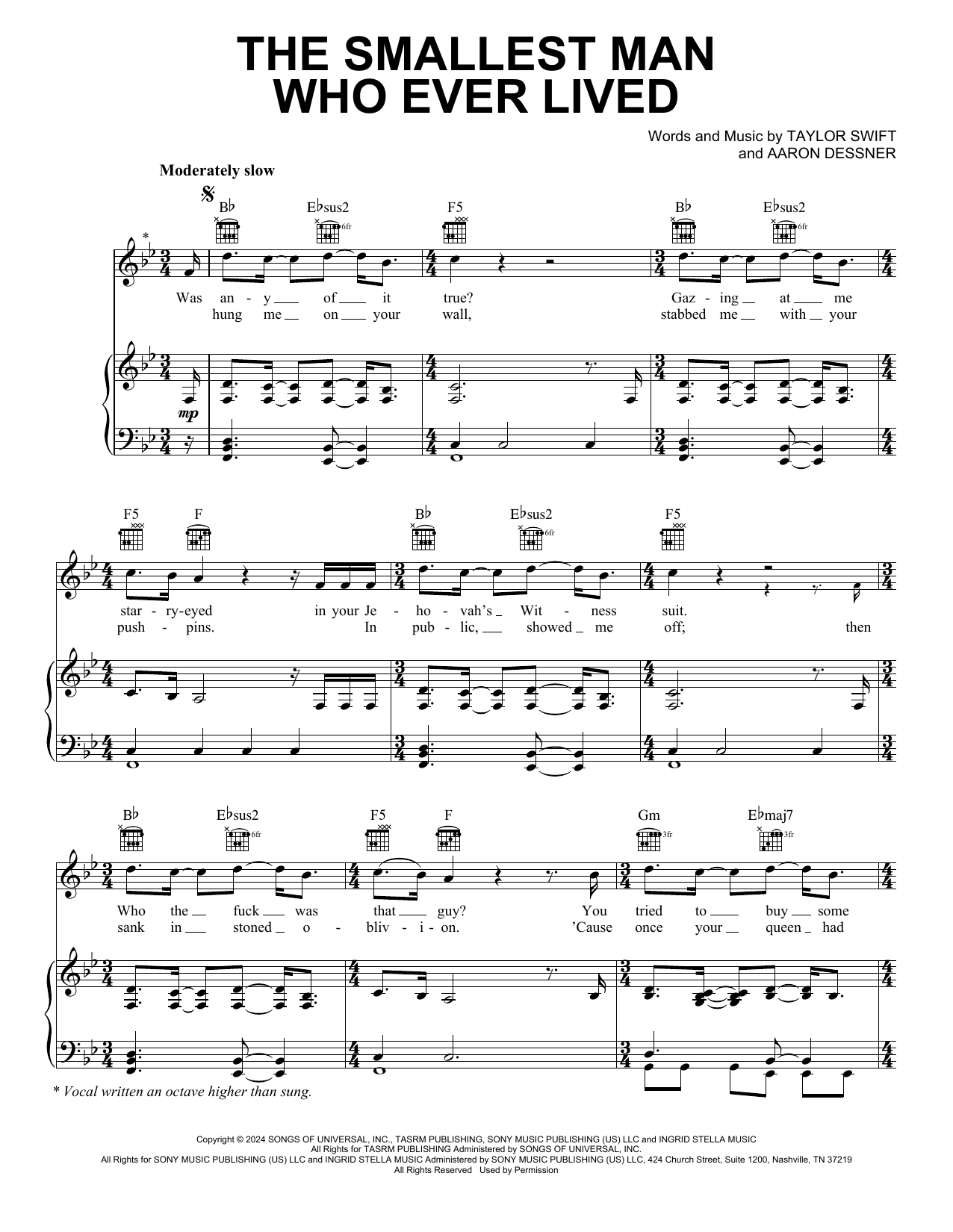 Download Taylor Swift The Smallest Man Who Ever Lived Sheet Music and learn how to play Piano, Vocal & Guitar Chords (Right-Hand Melody) PDF digital score in minutes