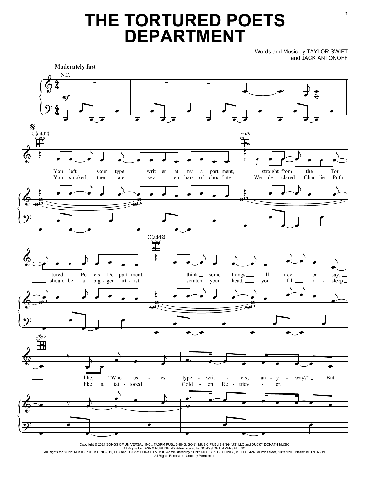 Download Taylor Swift The Tortured Poets Department Sheet Music and learn how to play Piano, Vocal & Guitar Chords (Right-Hand Melody) PDF digital score in minutes