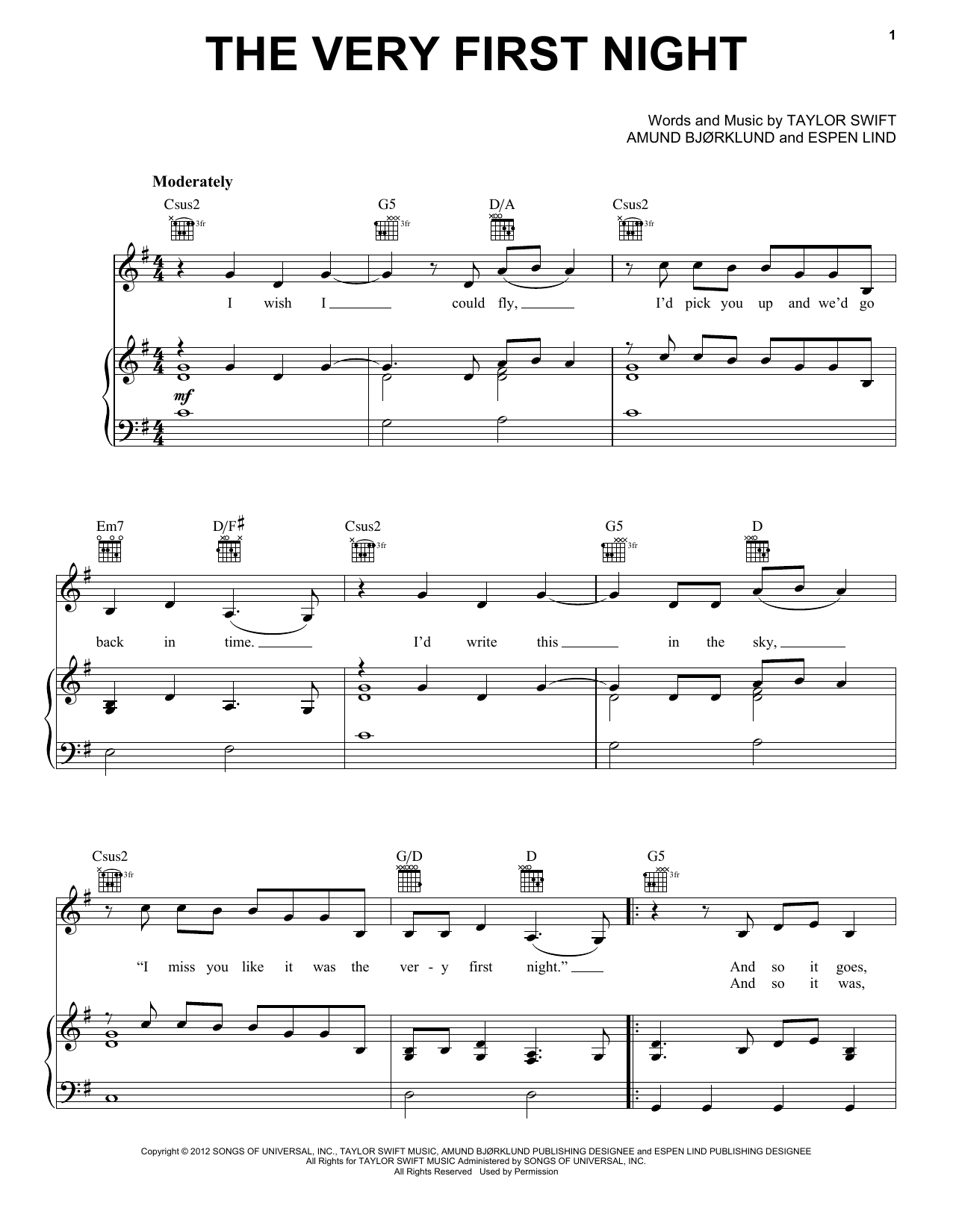Download Taylor Swift The Very First Night (Taylor's Version) (From The Vault) Sheet Music and learn how to play Piano, Vocal & Guitar Chords (Right-Hand Melody) PDF digital score in minutes