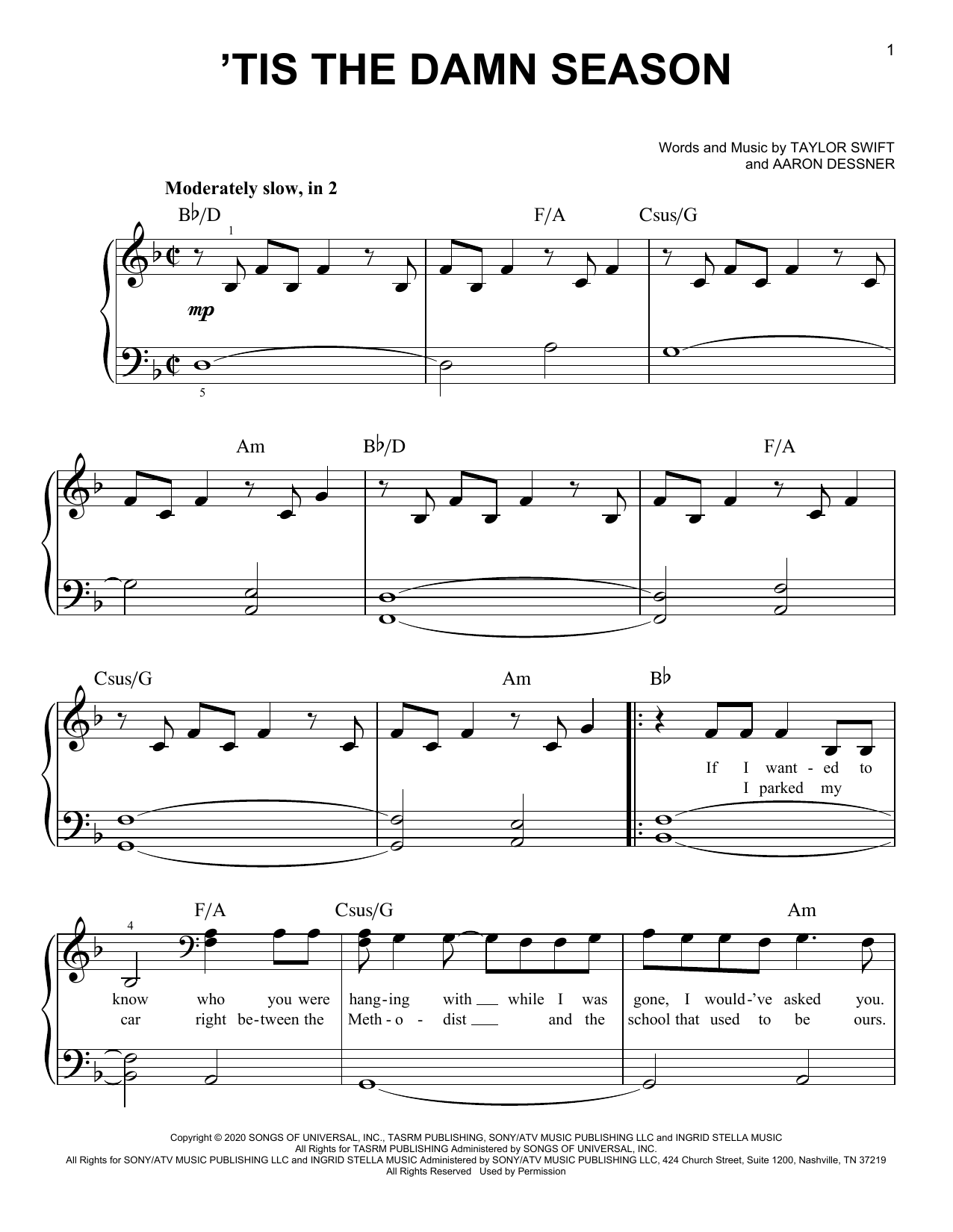 Download Taylor Swift 'tis the damn season Sheet Music and learn how to play Easy Piano PDF digital score in minutes
