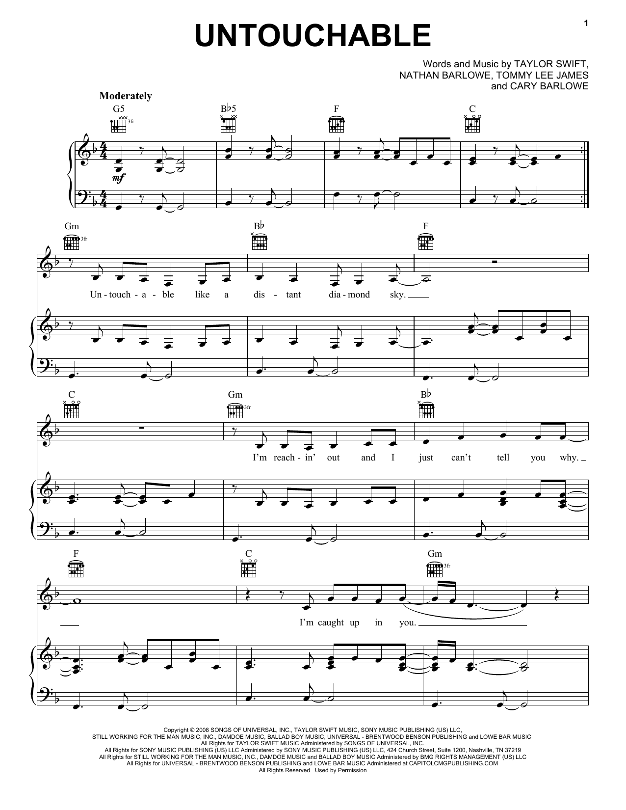 Download Taylor Swift Untouchable (Taylor's Version) Sheet Music and learn how to play Piano, Vocal & Guitar Chords (Right-Hand Melody) PDF digital score in minutes