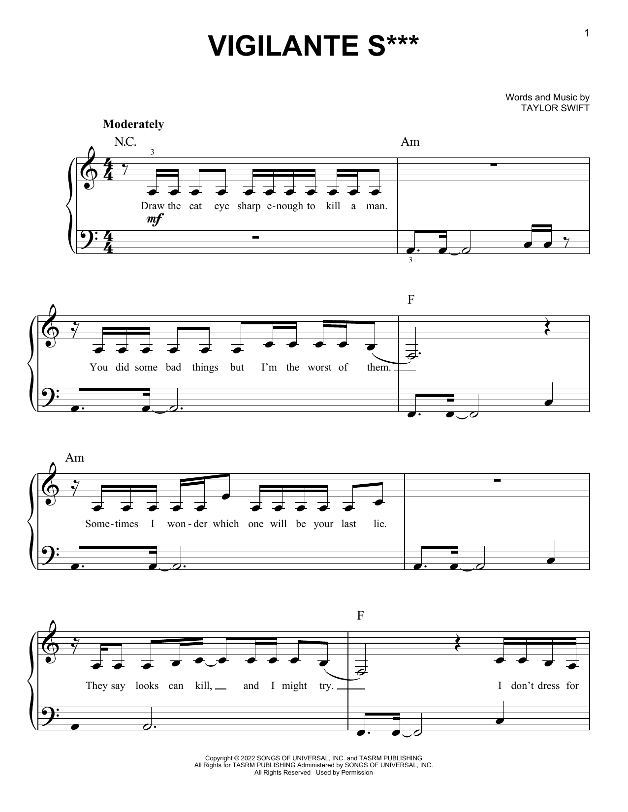 Download Taylor Swift Vigilante S*** Sheet Music and learn how to play Easy Piano PDF digital score in minutes
