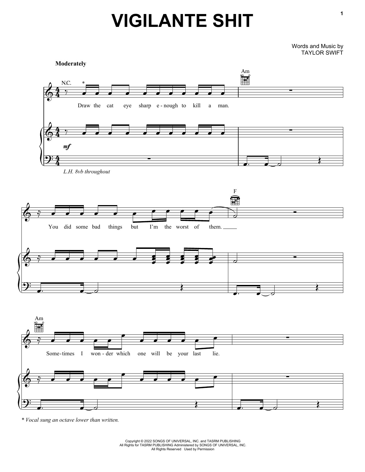 Download Taylor Swift Vigilante Shit Sheet Music and learn how to play Piano, Vocal & Guitar Chords (Right-Hand Melody) PDF digital score in minutes
