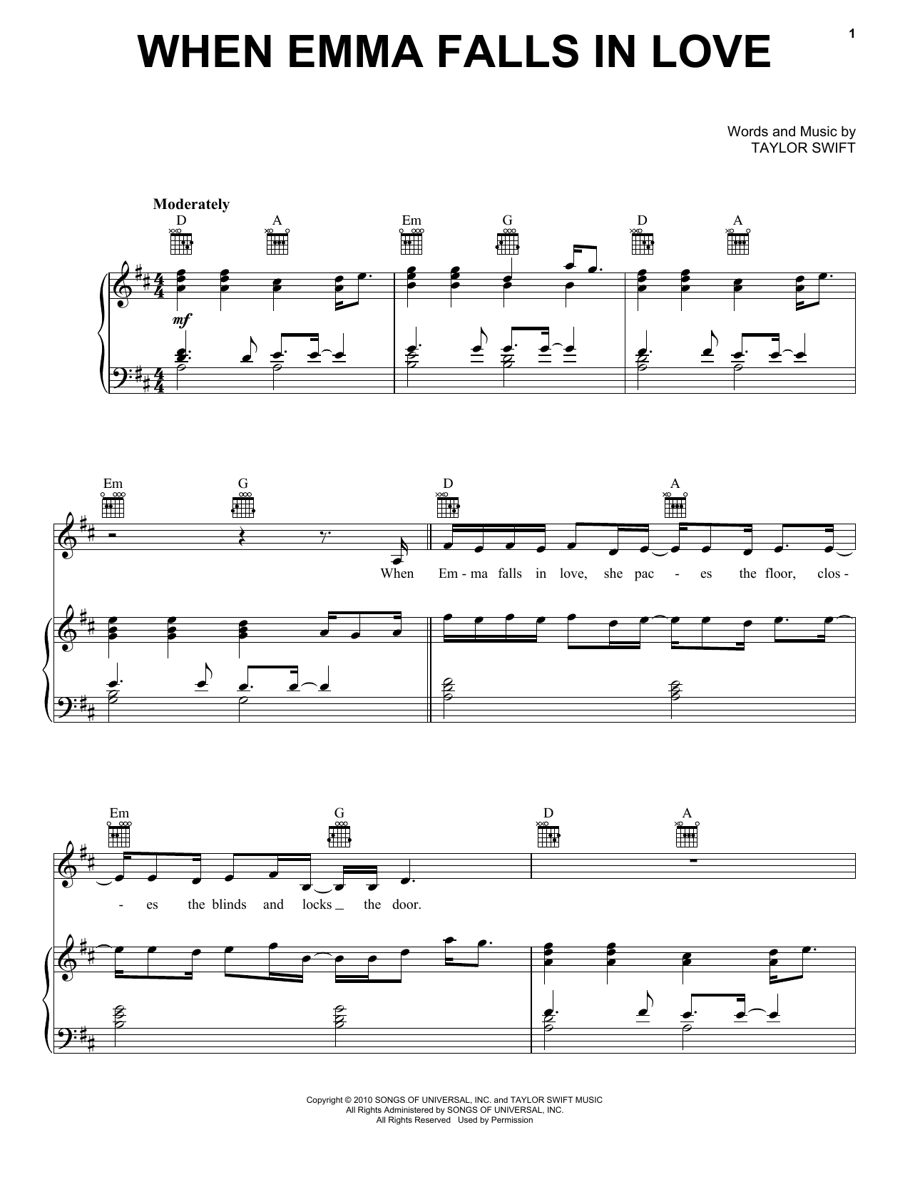 Download Taylor Swift When Emma Falls In Love (Taylor's Version) (From The Vault) Sheet Music and learn how to play Piano, Vocal & Guitar Chords (Right-Hand Melody) PDF digital score in minutes