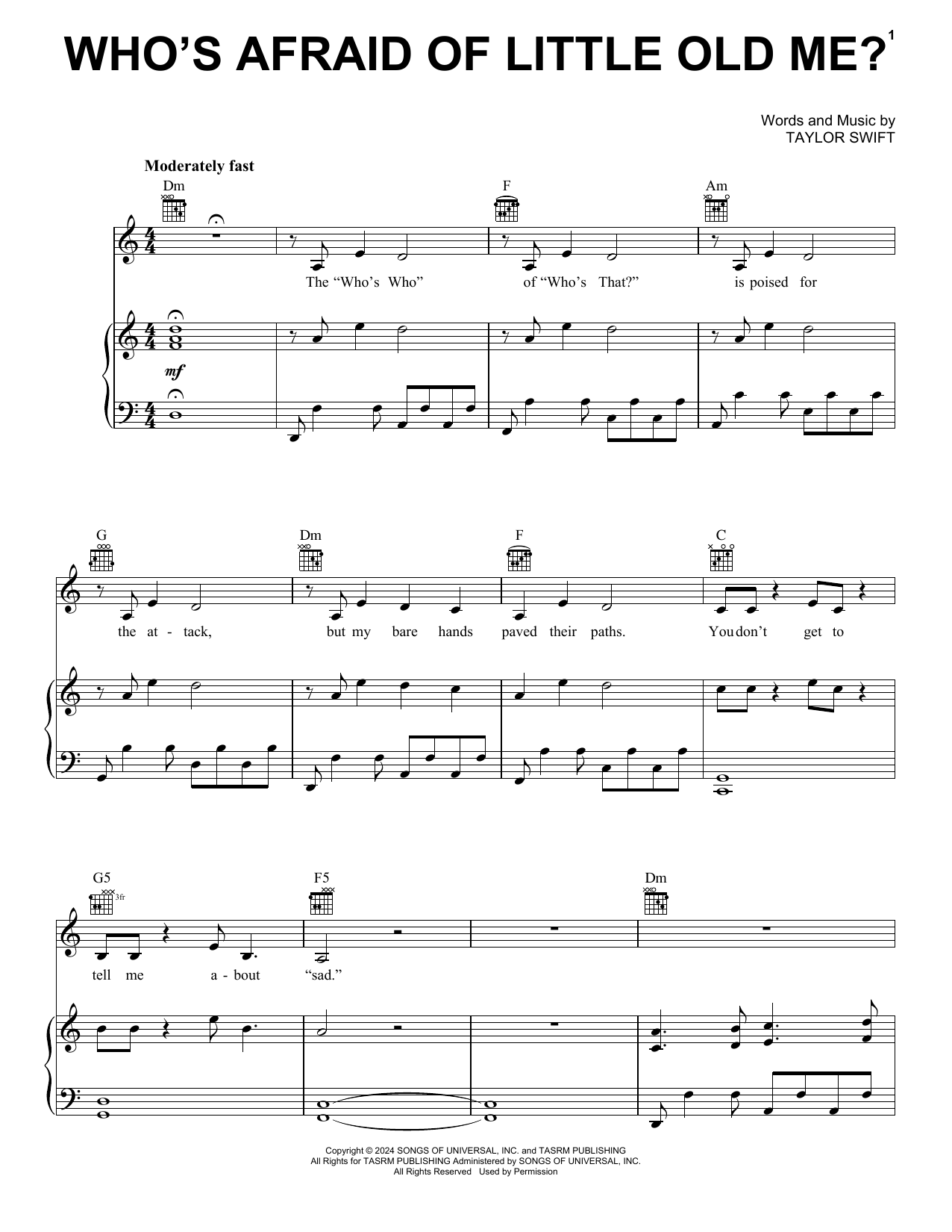 Download Taylor Swift Who's Afraid of Little Old Me? Sheet Music and learn how to play Piano, Vocal & Guitar Chords (Right-Hand Melody) PDF digital score in minutes