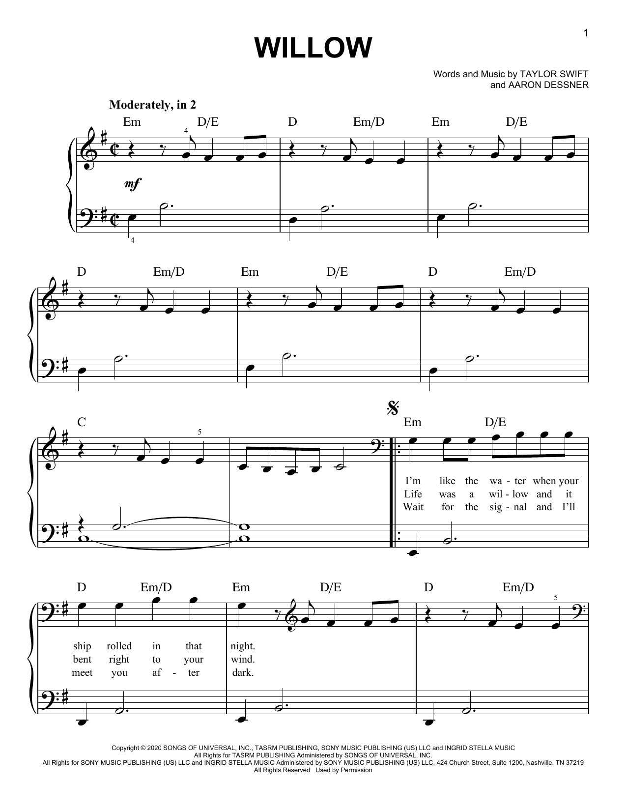 Download Taylor Swift willow Sheet Music and learn how to play Flute Solo PDF digital score in minutes