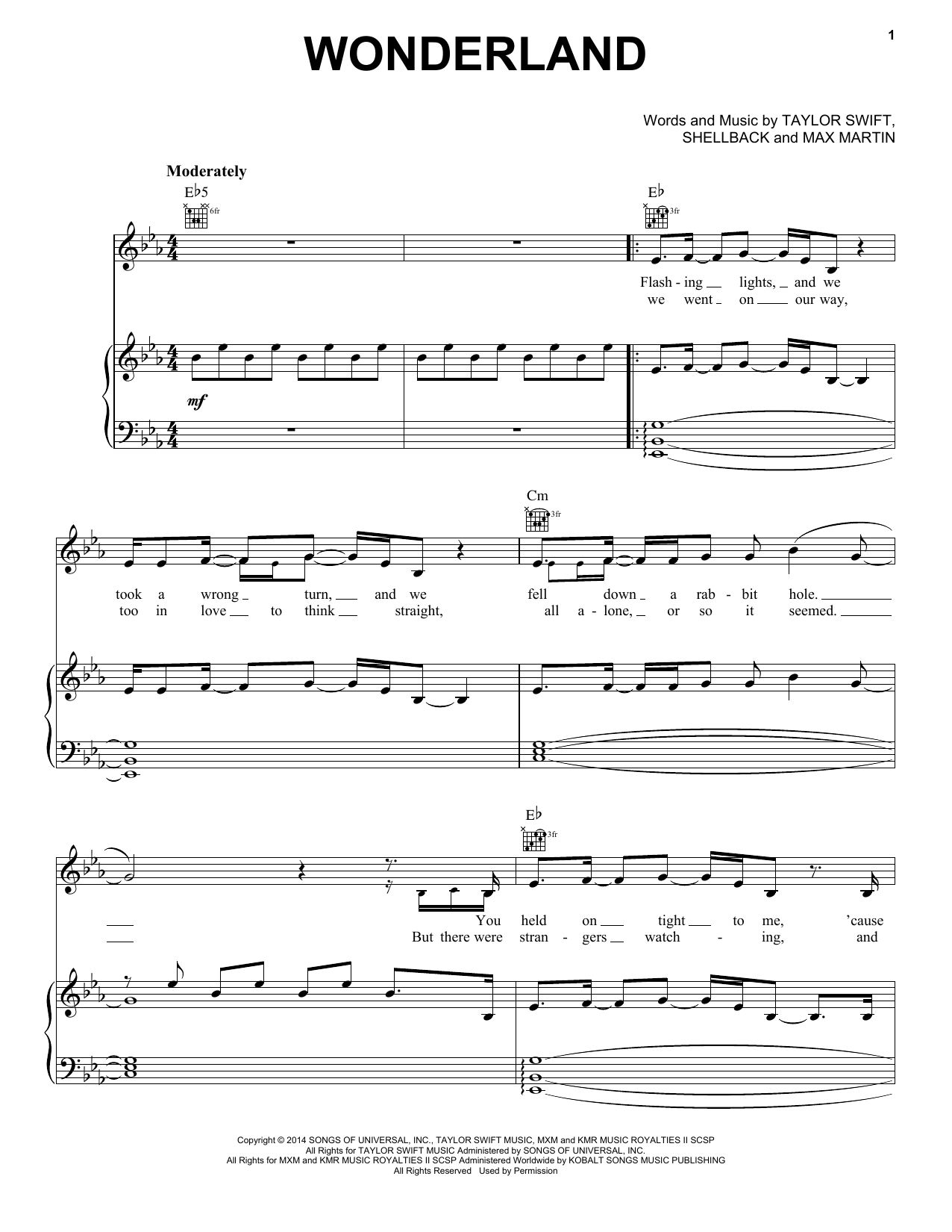 Download Taylor Swift Wonderland Sheet Music and learn how to play Piano, Vocal & Guitar (Right-Hand Melody) PDF digital score in minutes