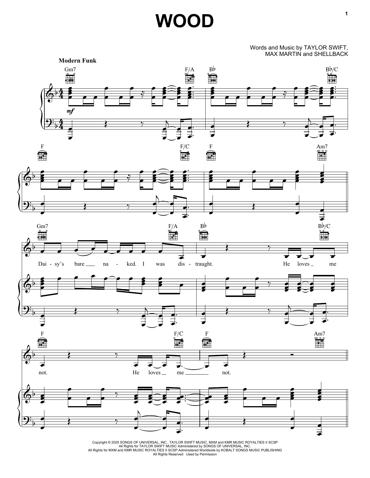 Download Taylor Swift Wood Sheet Music and learn how to play Piano, Vocal & Guitar Chords (Right-Hand Melody) PDF digital score in minutes