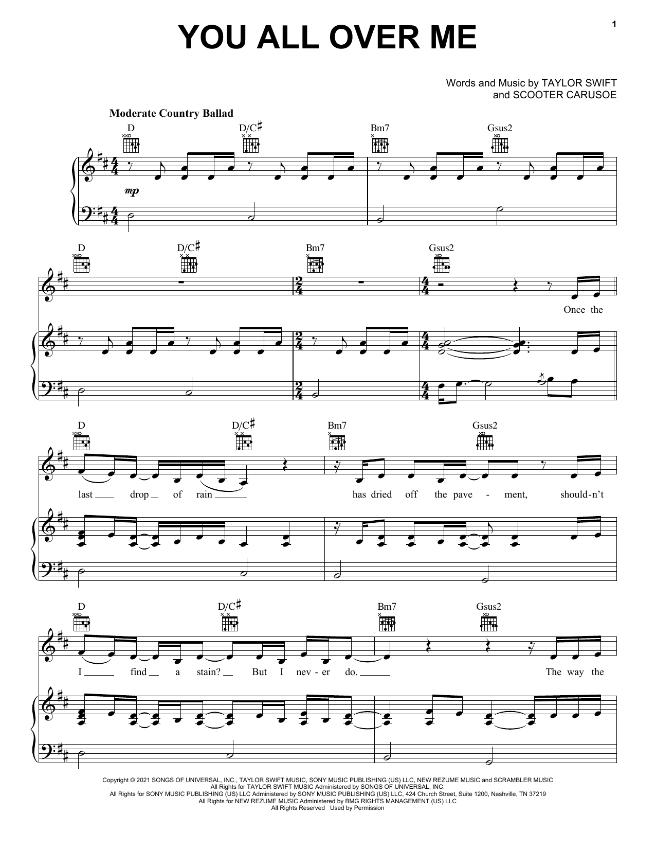 Download Taylor Swift You All Over Me (feat. Maren Morris) (Taylor's Version) (From The Vault) Sheet Music and learn how to play Easy Piano PDF digital score in minutes