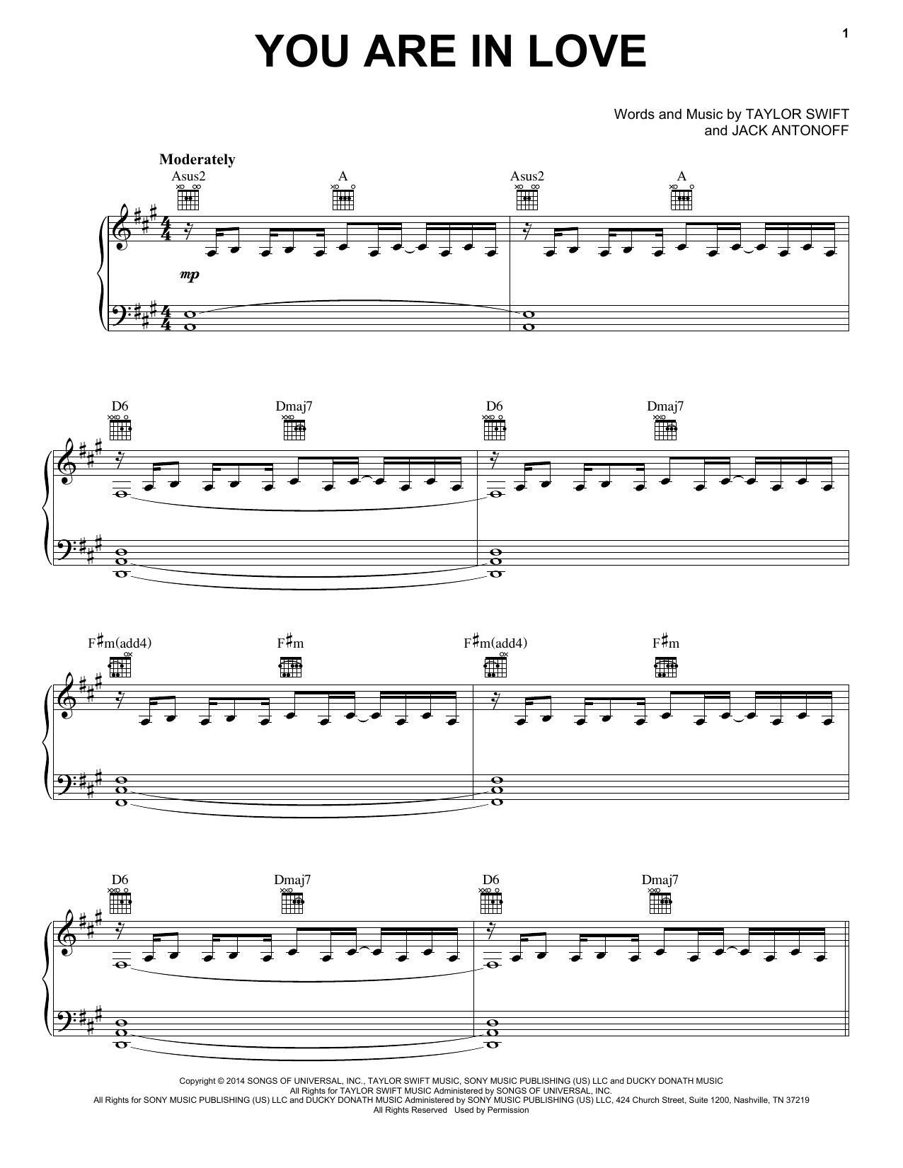 Download Taylor Swift You Are In Love Sheet Music and learn how to play Piano, Vocal & Guitar (Right-Hand Melody) PDF digital score in minutes