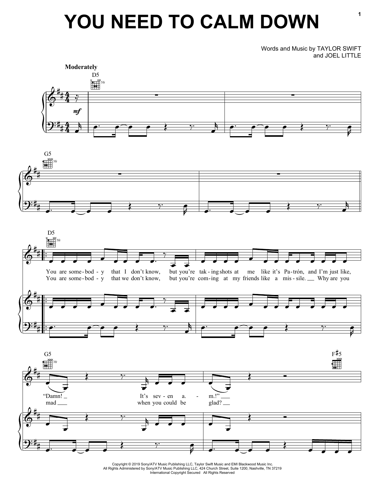 Download Taylor Swift You Need To Calm Down Sheet Music and learn how to play Big Note Piano PDF digital score in minutes