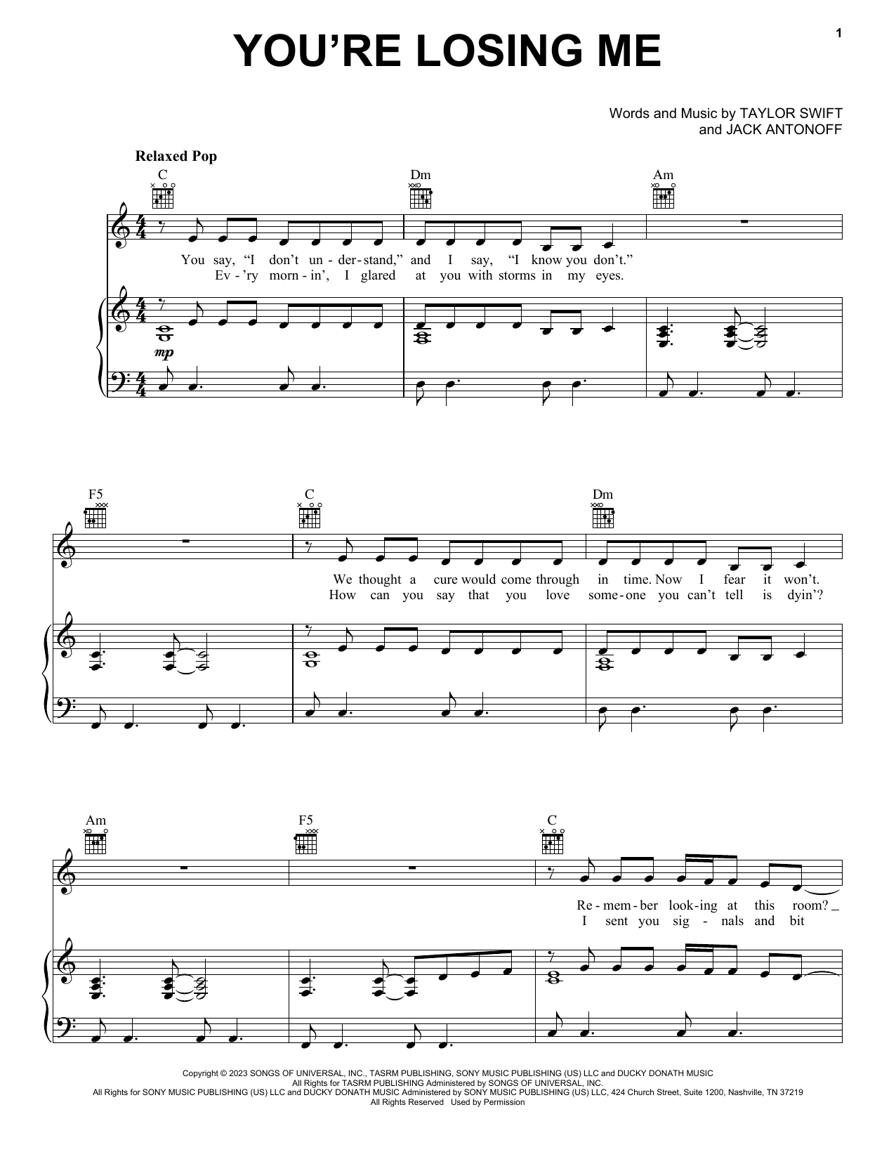 Download Taylor Swift You're Losing Me Sheet Music and learn how to play Piano, Vocal & Guitar Chords (Right-Hand Melody) PDF digital score in minutes