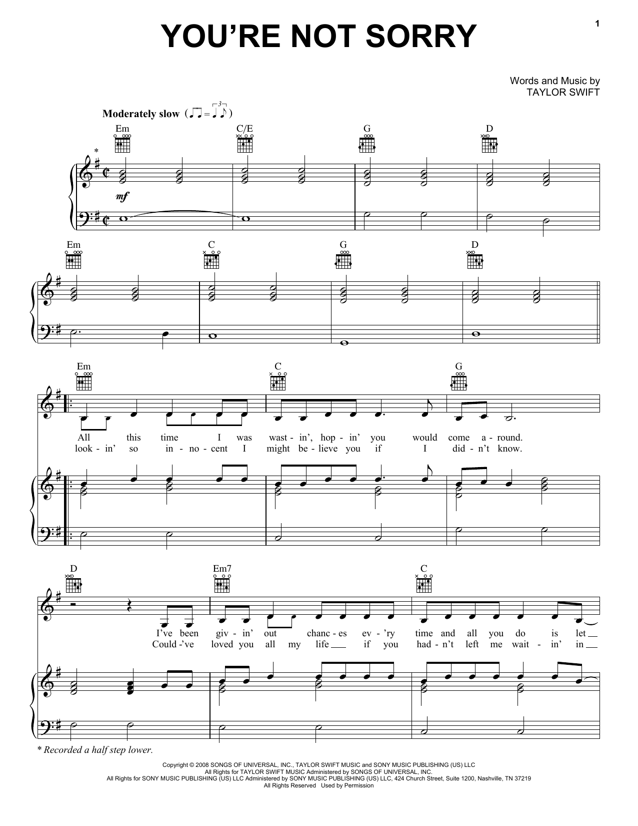 Download Taylor Swift You're Not Sorry Sheet Music and learn how to play Easy Guitar Tab PDF digital score in minutes