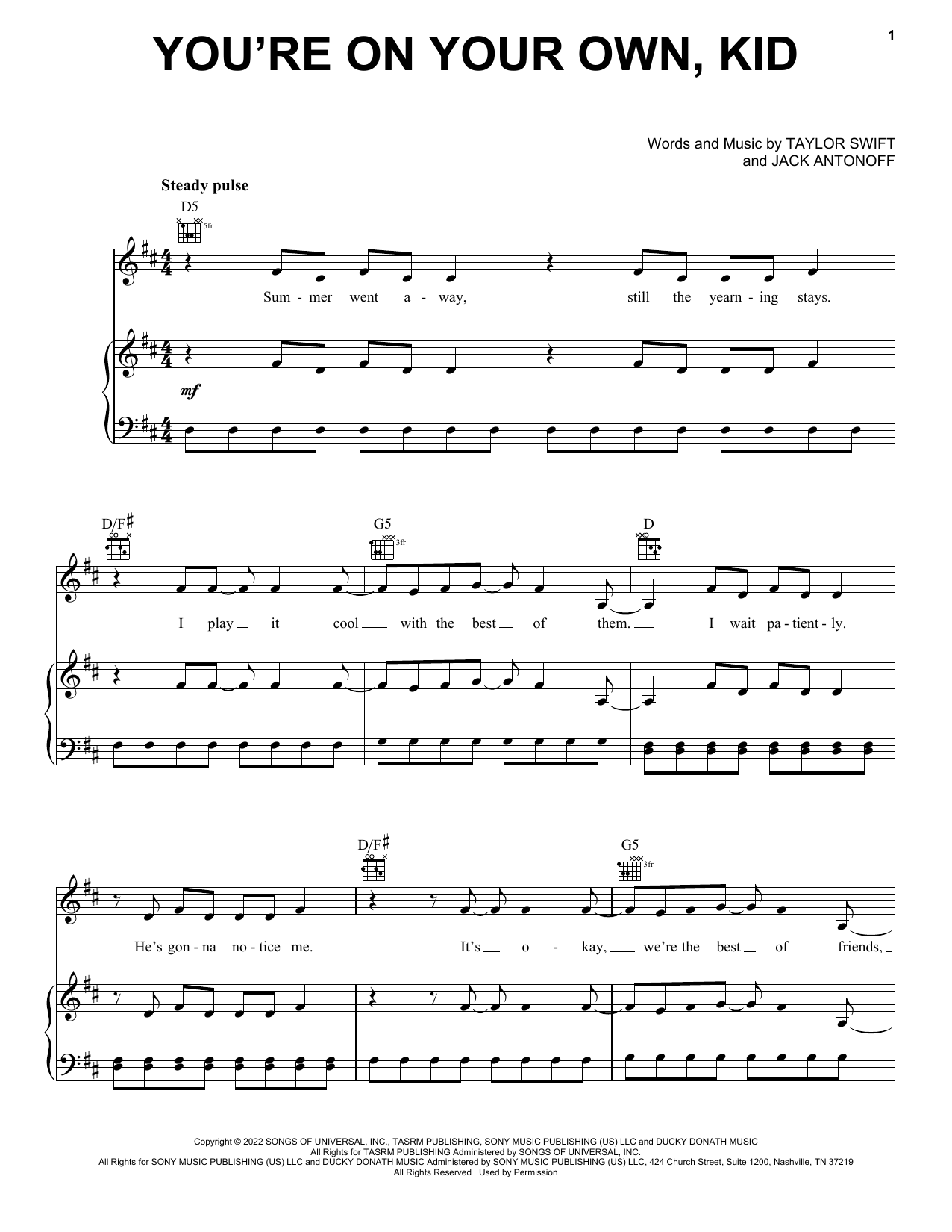 Download Taylor Swift You're On Your Own, Kid Sheet Music and learn how to play Piano, Vocal & Guitar Chords (Right-Hand Melody) PDF digital score in minutes
