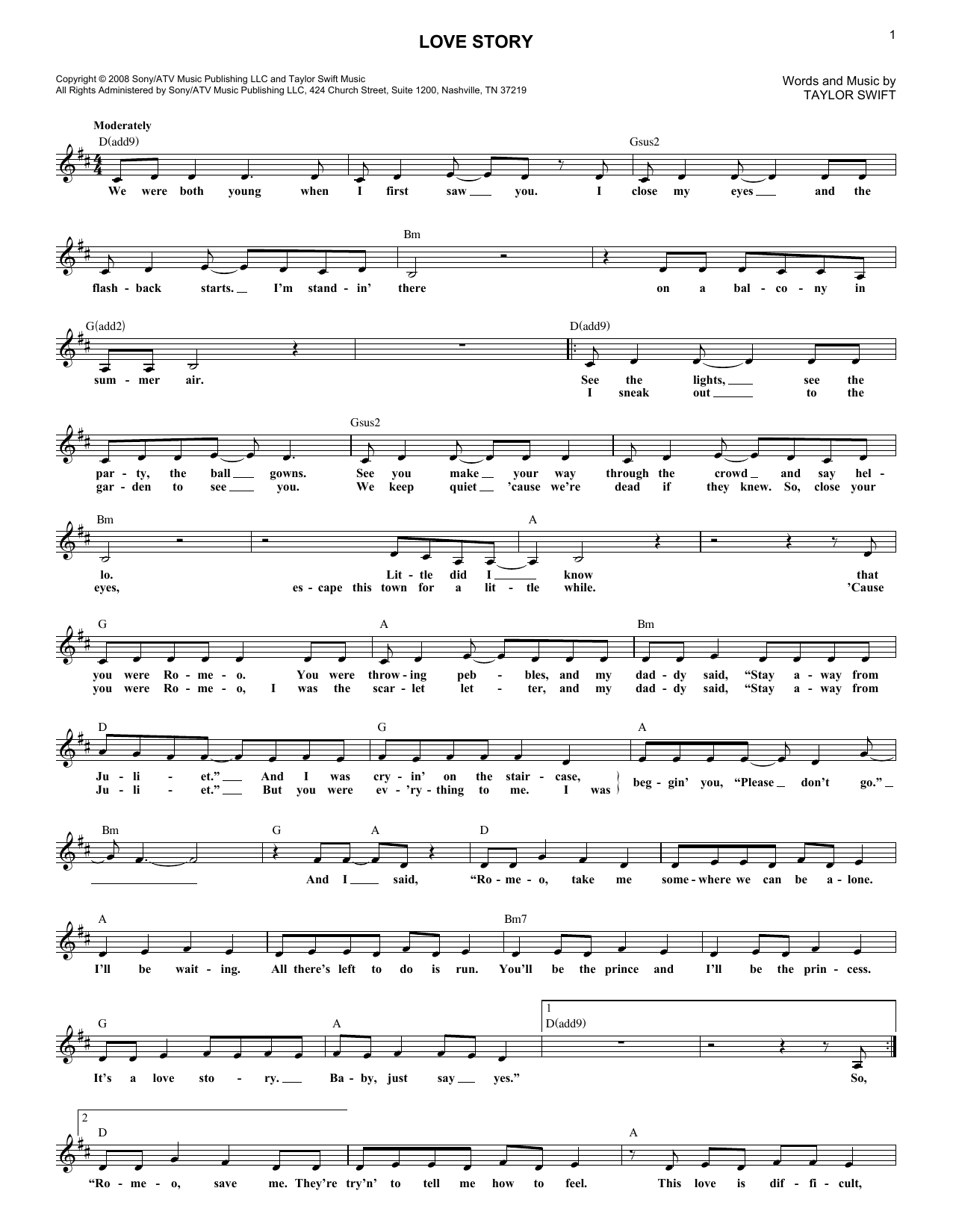 Taylor Swift "Love Story" Sheet Music Notes | Download Printable PDF